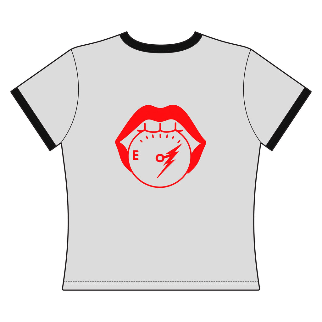 Steel Sirens Women's Ringer Tee — Retro Red Script & Lip Gauge Graphic