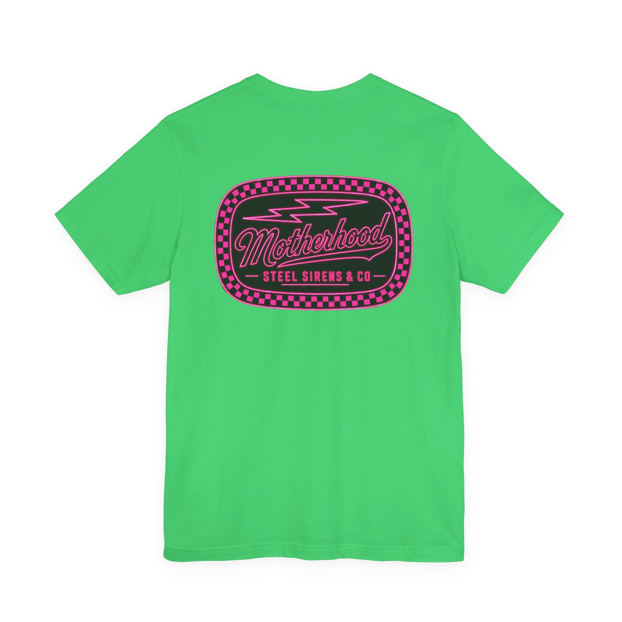 Motherhood Graphic Tee — 'Motherhood' Pink Checkerboard Logo T‑Shirt