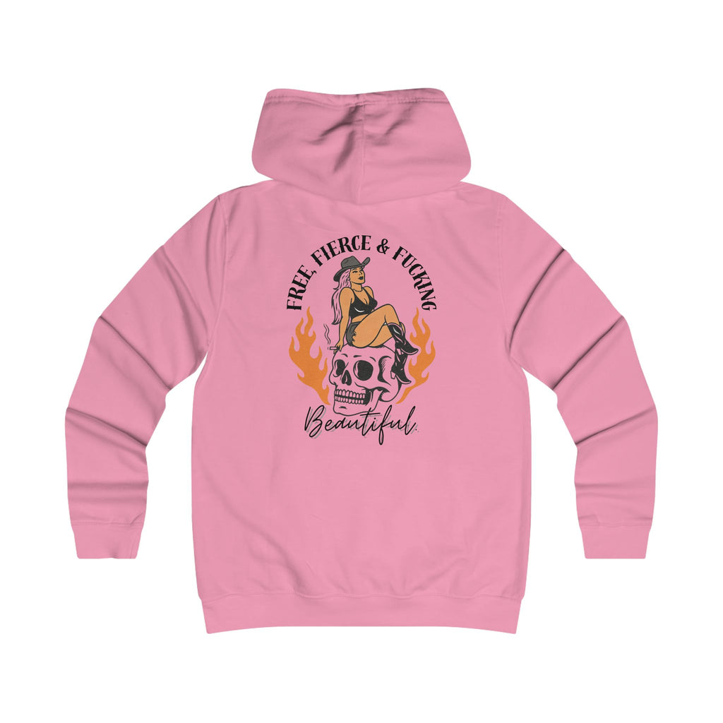 Girlie College Hoodie - 'Free Fierce & Fucking Beautiful' Skull Pin-Up Graphic Hoodie