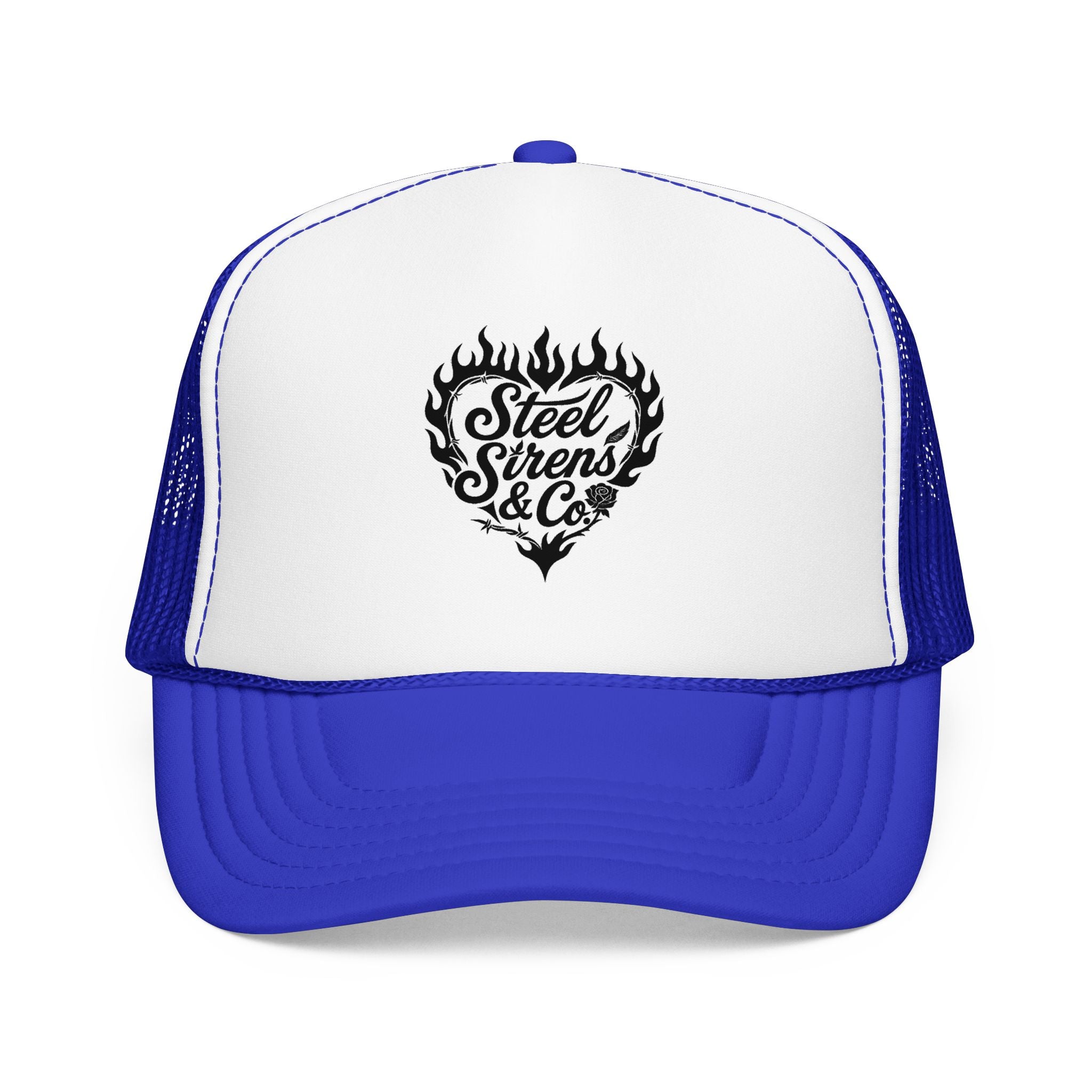 Flaming Heart Trucker Hat — "Steel Sirens & Co" Retro Logo Foam Cap