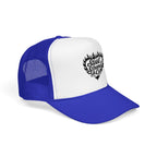 Flaming Heart Trucker Hat — "Steel Sirens & Co" Retro Logo Foam Cap