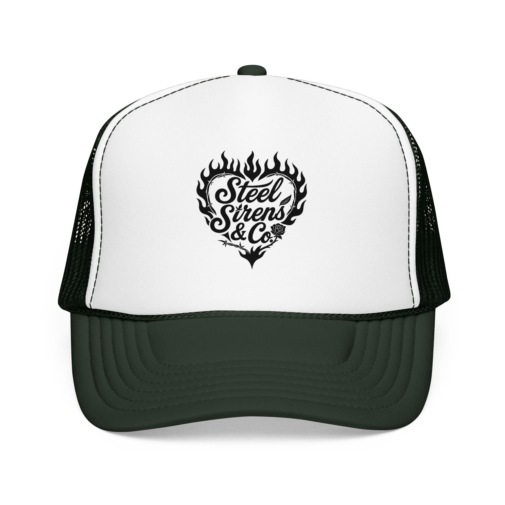 Flaming Heart Trucker Hat — "Steel Sirens & Co" Retro Logo Foam Cap