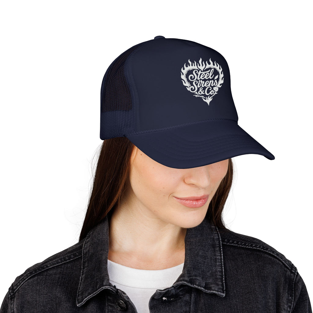 Flaming Heart Trucker Hat — "Steel Sirens & Co" Retro Logo Foam Cap