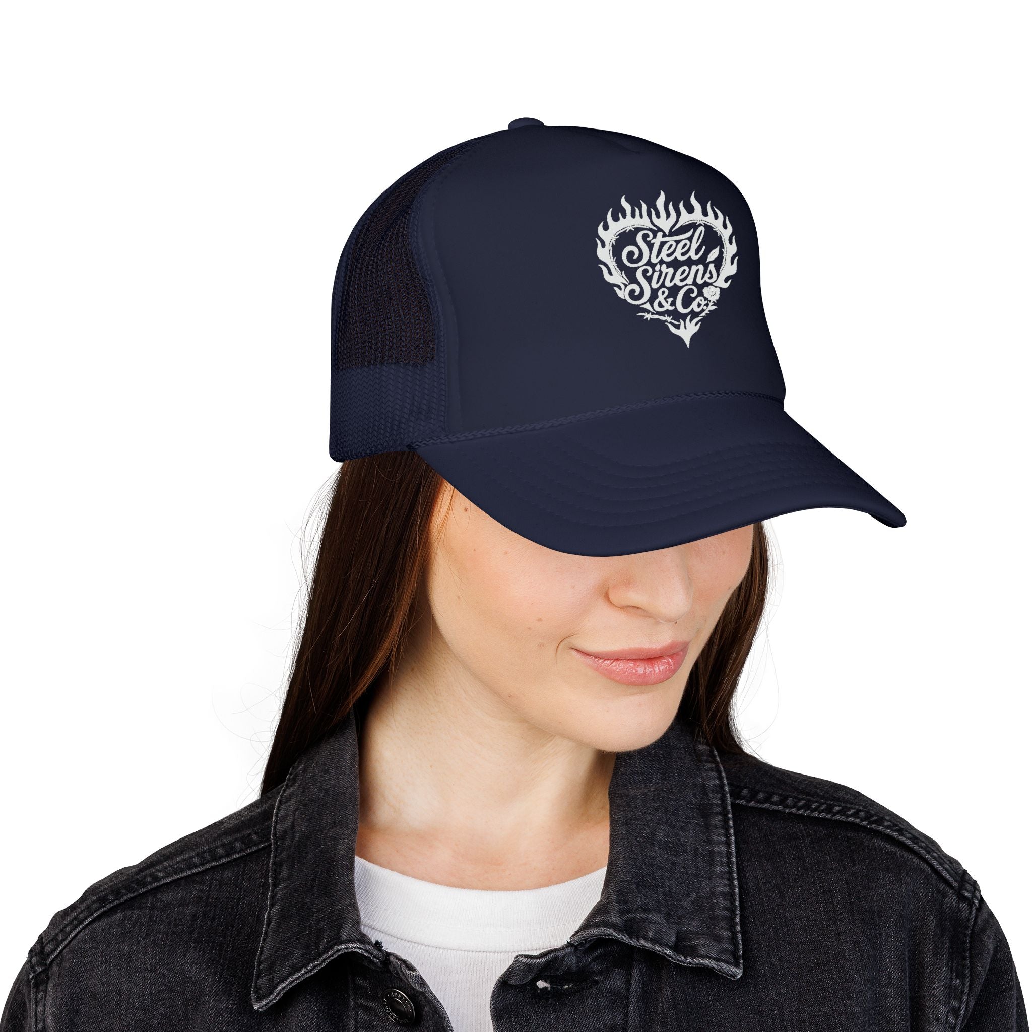 Flaming Heart Trucker Hat — "Steel Sirens & Co" Retro Logo Foam Cap