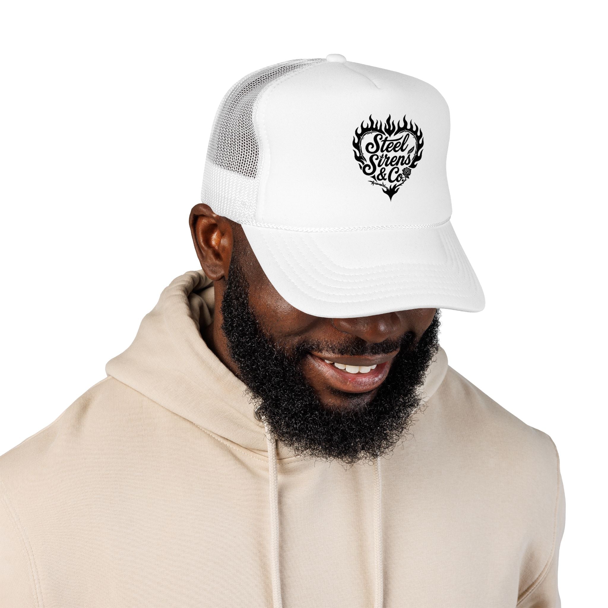 Flaming Heart Trucker Hat — "Steel Sirens & Co" Retro Logo Foam Cap