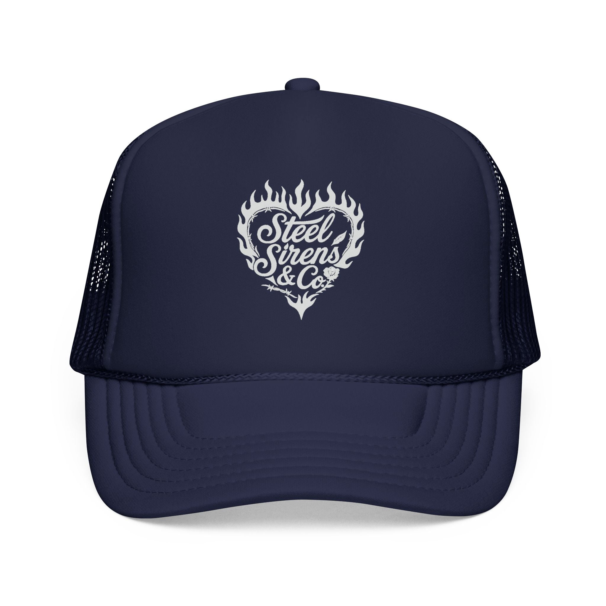 Flaming Heart Trucker Hat — "Steel Sirens & Co" Retro Logo Foam Cap