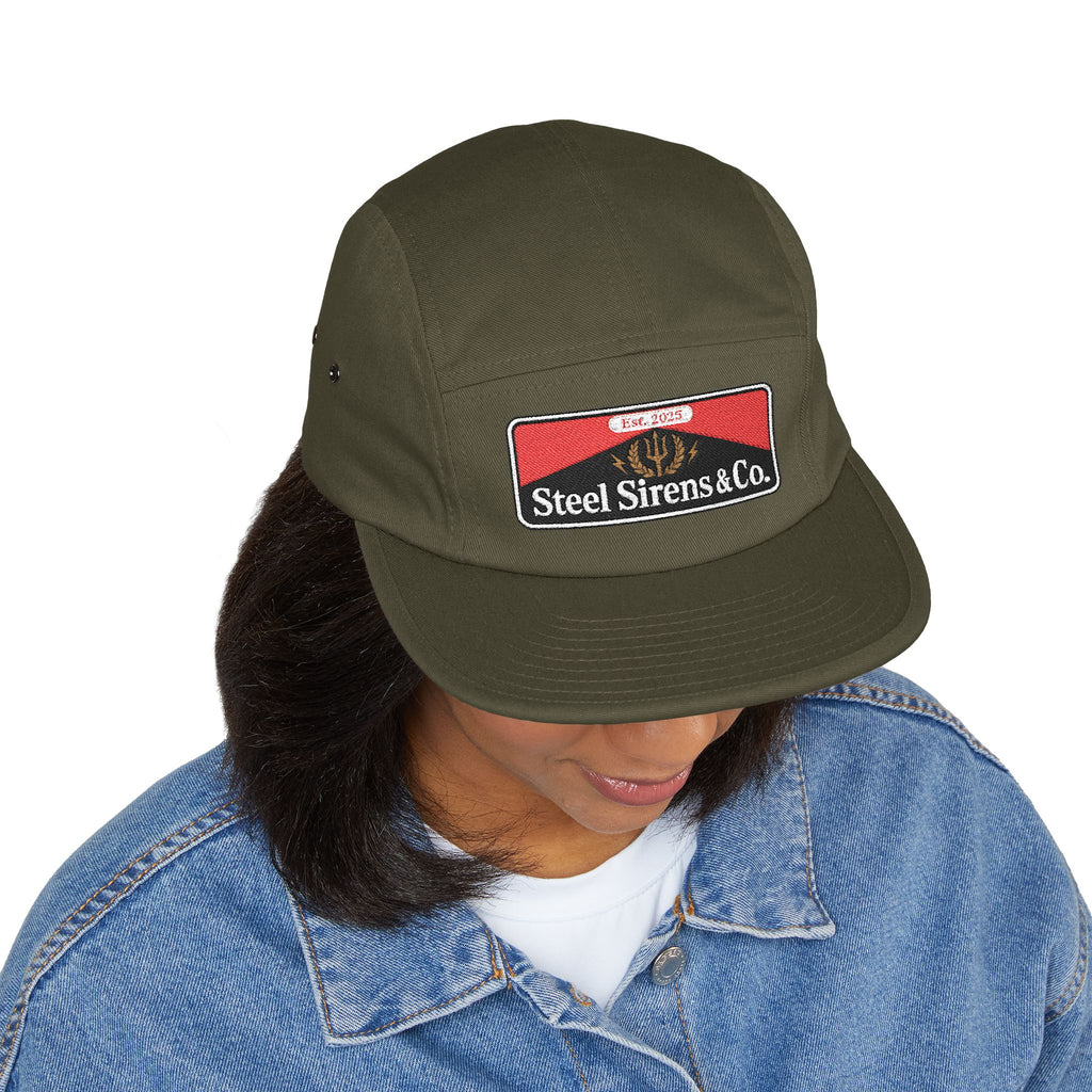 Steel Sirens & Co. Embroidered 5-Panel Cap — Khaki Vintage Patch Hat