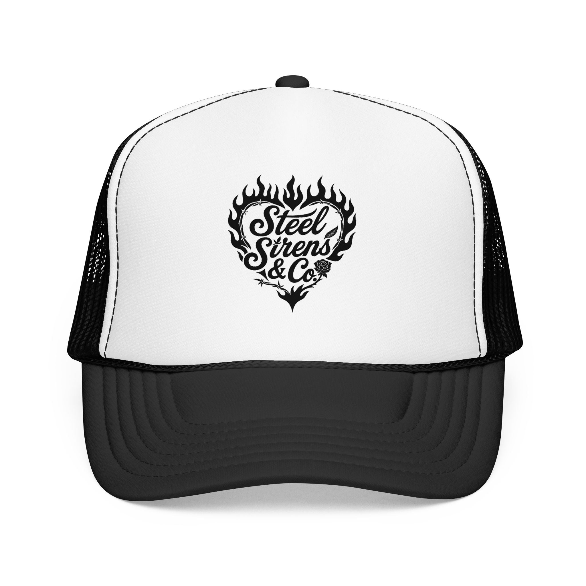 Flaming Heart Trucker Hat — "Steel Sirens & Co" Retro Logo Foam Cap