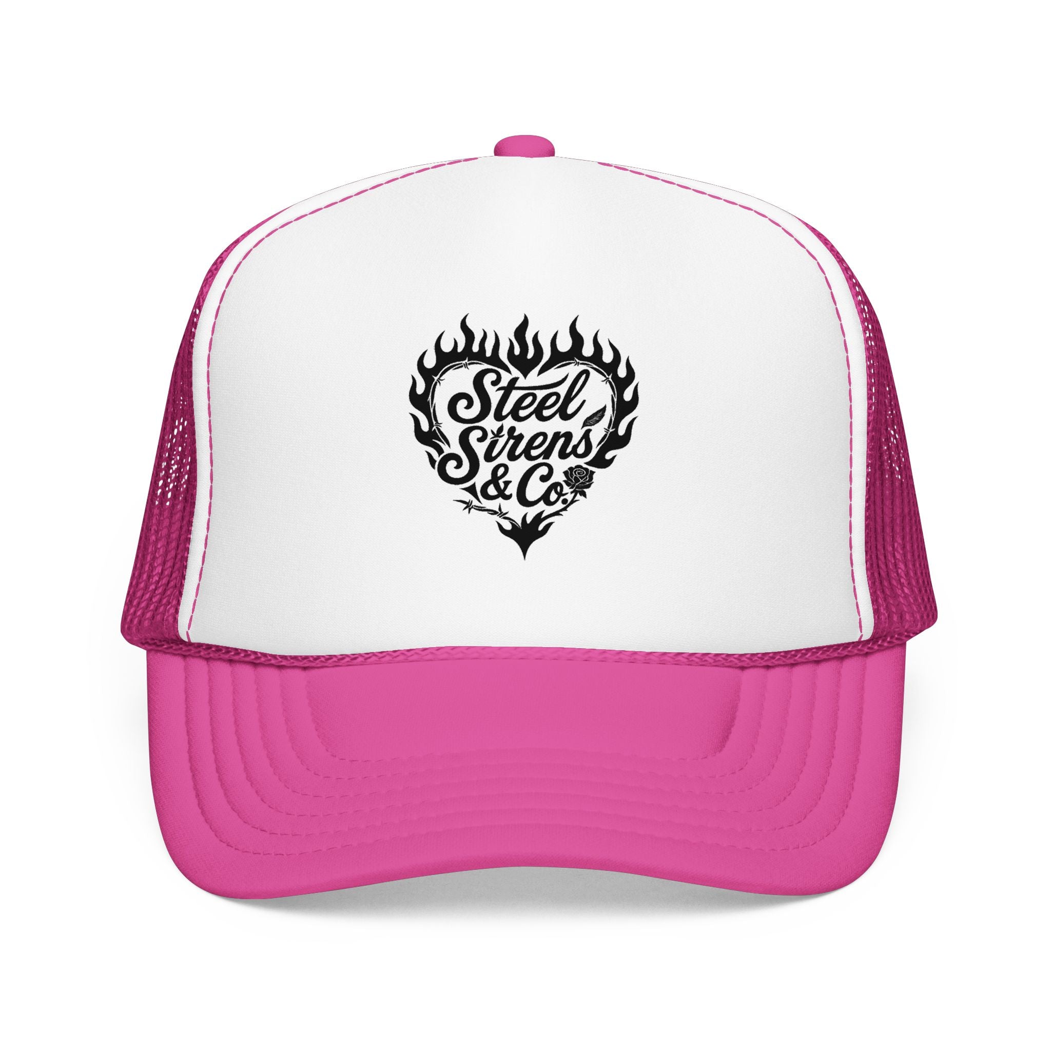 Flaming Heart Trucker Hat — "Steel Sirens & Co" Retro Logo Foam Cap