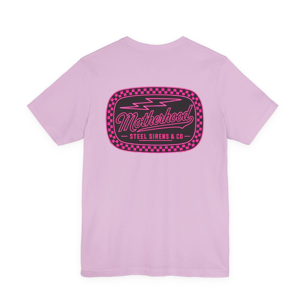 Motherhood Graphic Tee — 'Motherhood' Pink Checkerboard Logo T‑Shirt