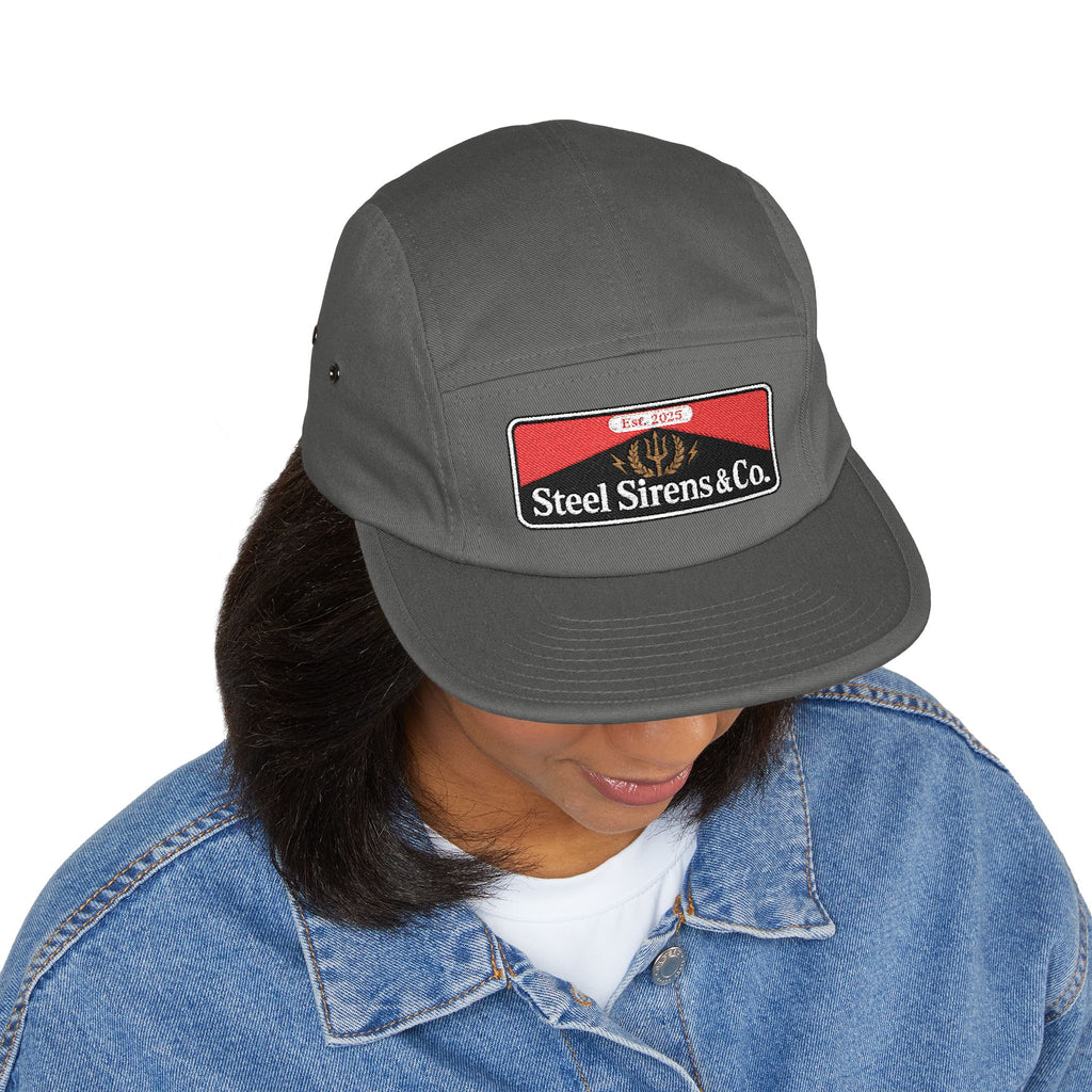Steel Sirens & Co. Embroidered 5-Panel Cap — Khaki Vintage Patch Hat