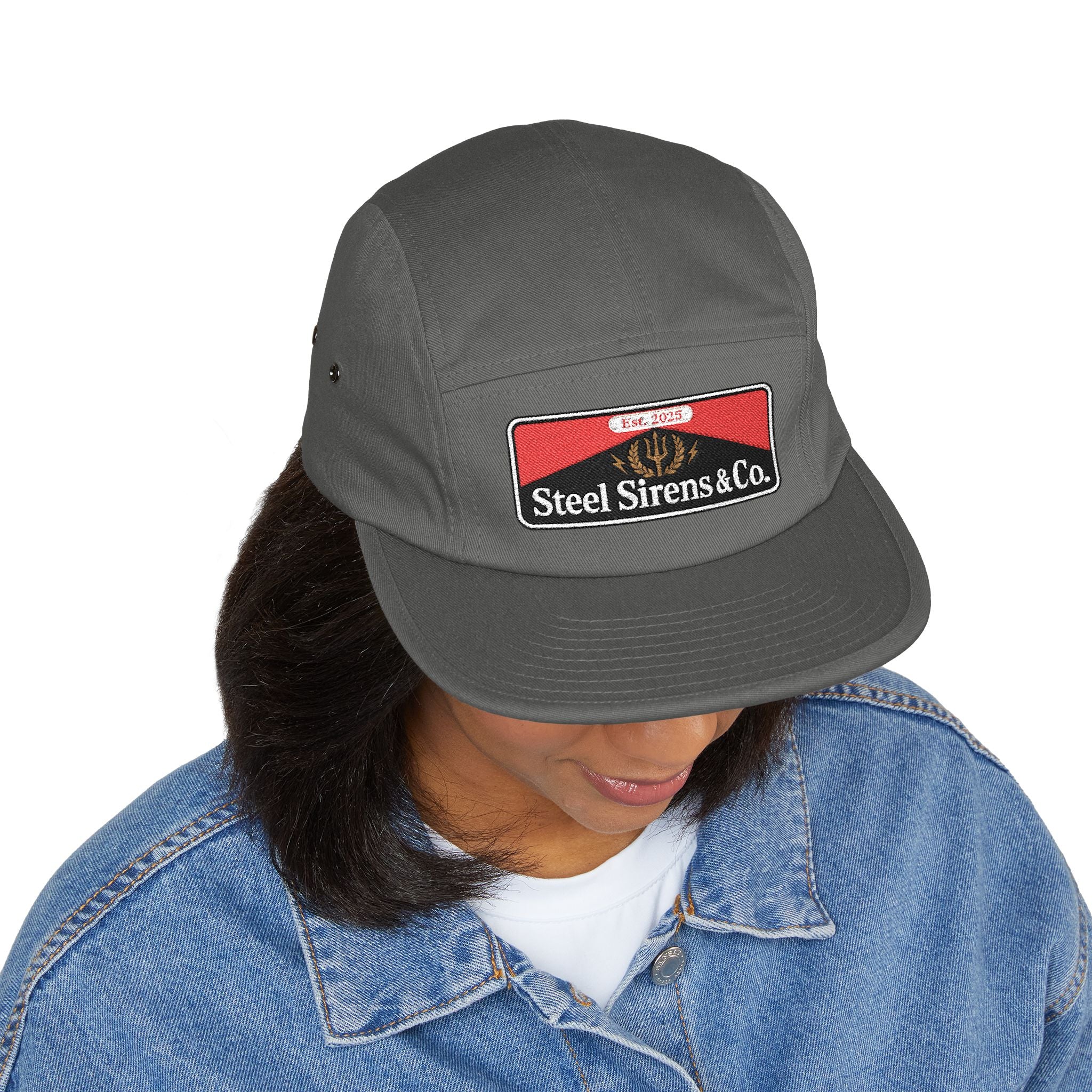 Steel Sirens & Co. Embroidered 5-Panel Cap — Khaki Vintage Patch Hat
