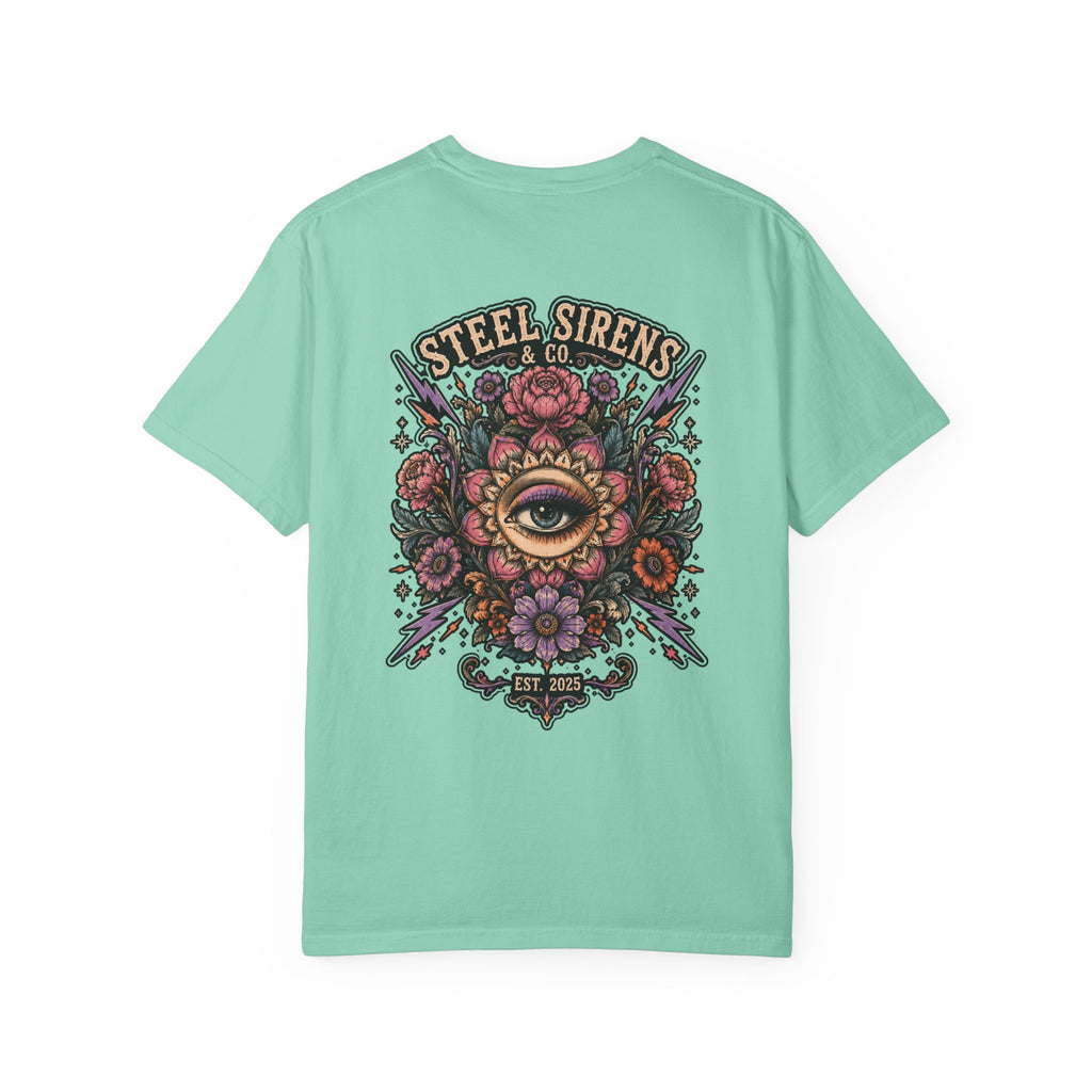 Steel Sirens Tee — Vintage Floral All-Seeing Eye Graphic T-Shirt