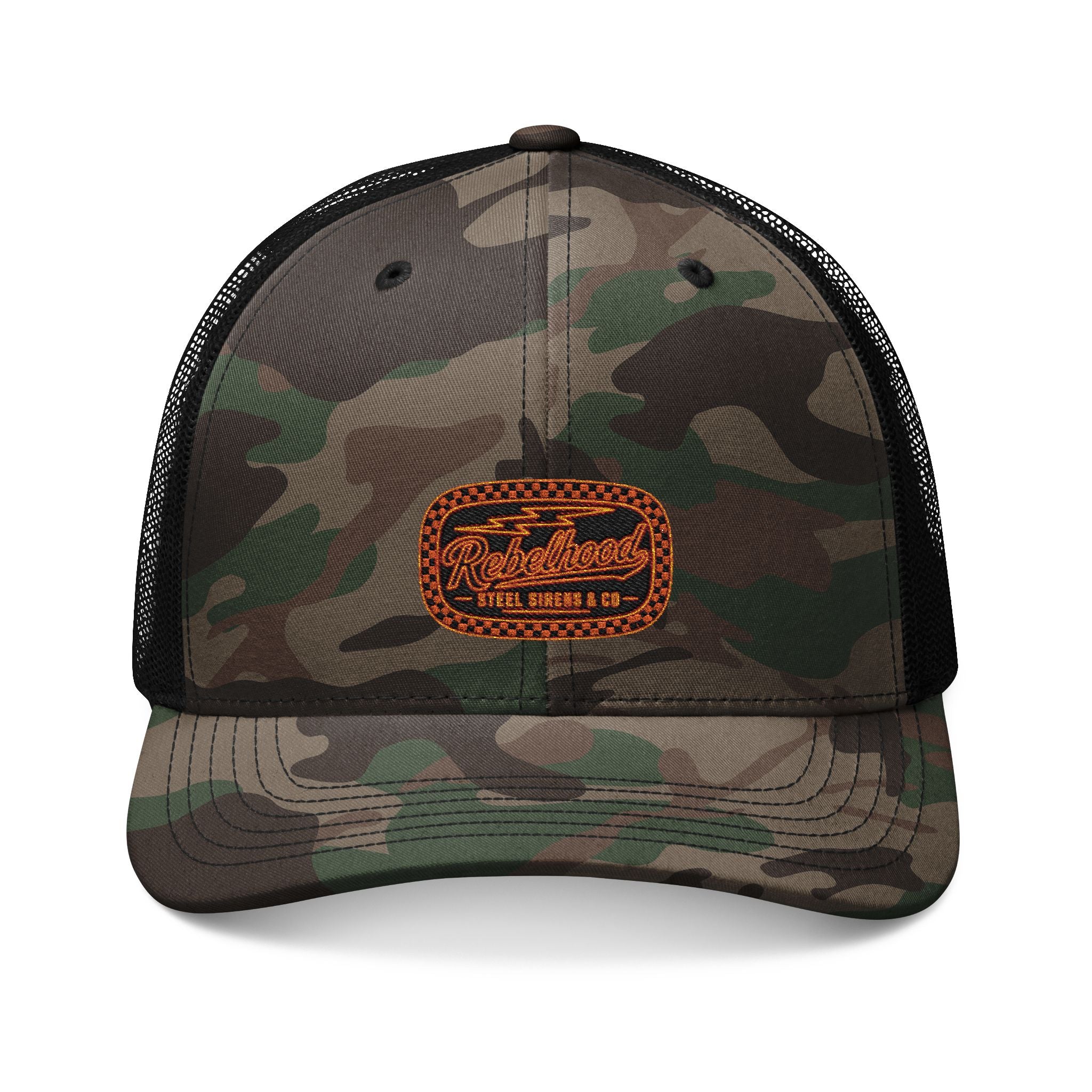 Camo Trucker Hat — Embroidered Rustic Patch Cap