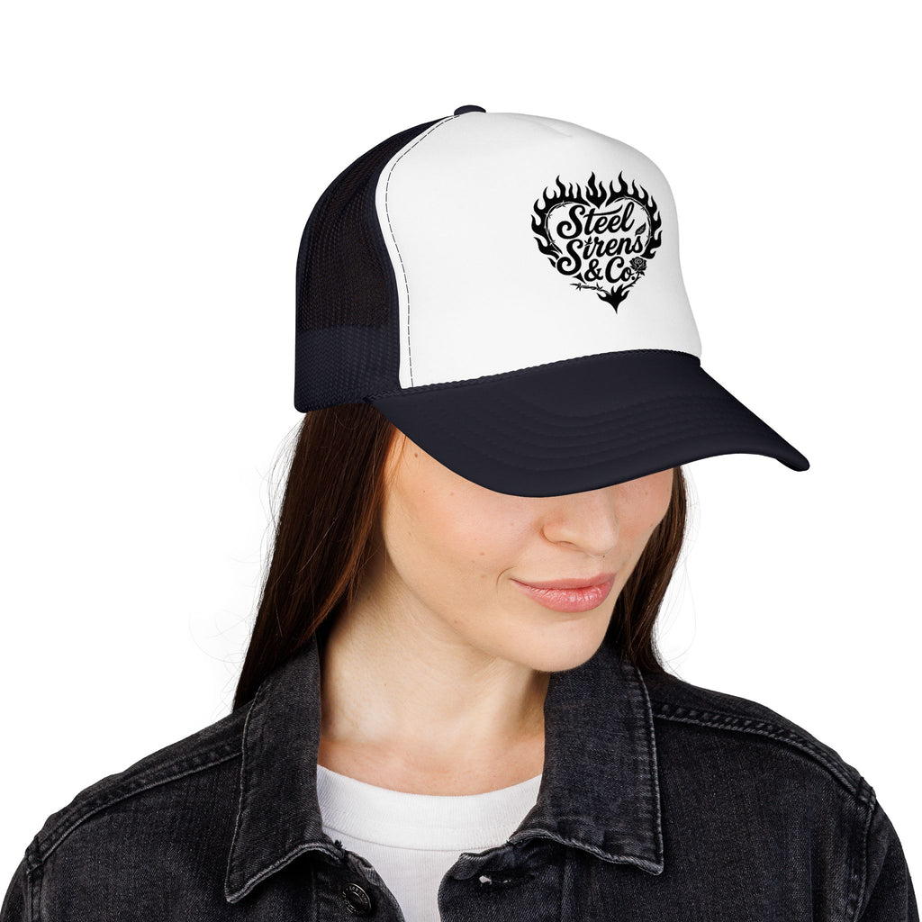 Flaming Heart Trucker Hat — "Steel Sirens & Co" Retro Logo Foam Cap