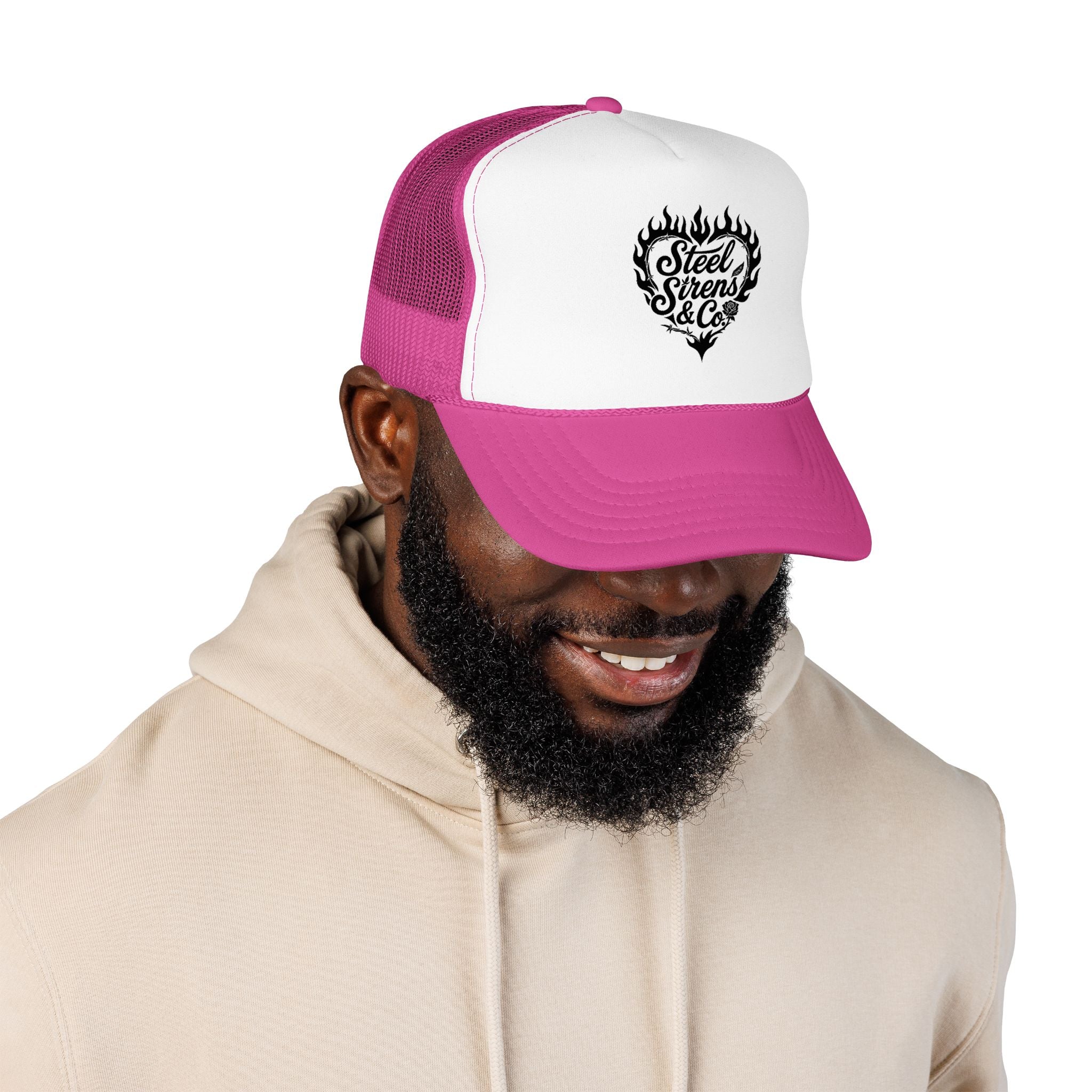 Flaming Heart Trucker Hat — "Steel Sirens & Co" Retro Logo Foam Cap
