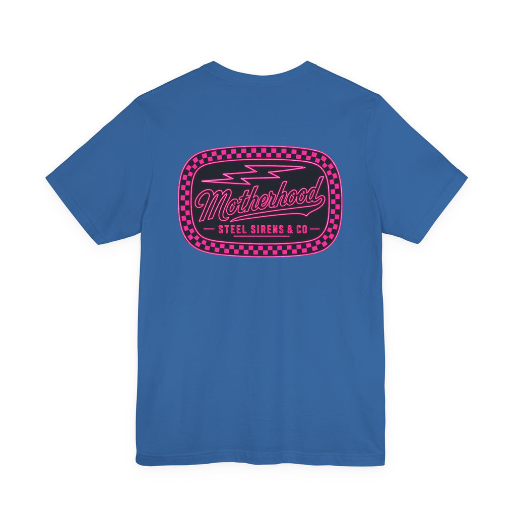 Motherhood Graphic Tee — 'Motherhood' Pink Checkerboard Logo T‑Shirt