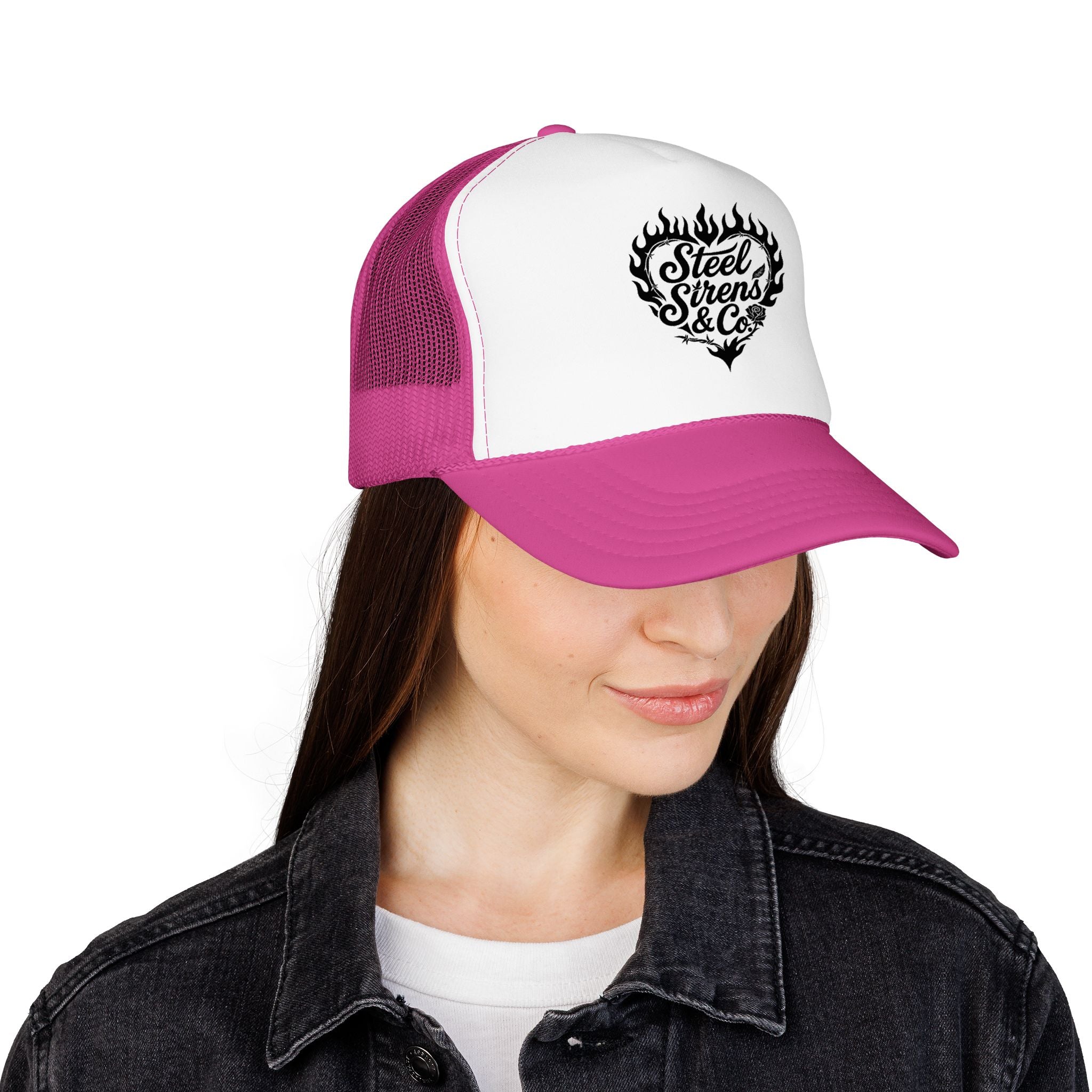 Flaming Heart Trucker Hat — "Steel Sirens & Co" Retro Logo Foam Cap