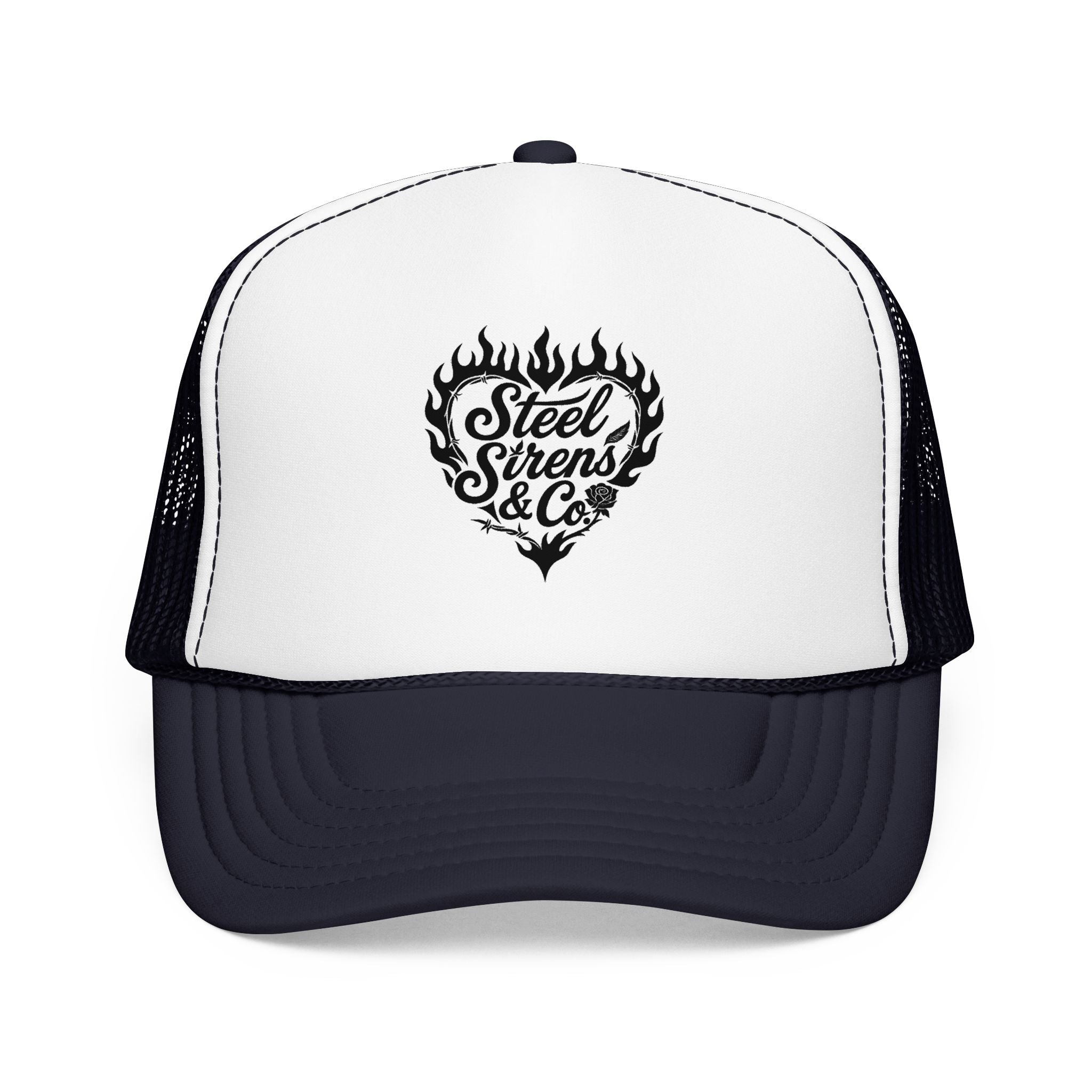 Flaming Heart Trucker Hat — "Steel Sirens & Co" Retro Logo Foam Cap