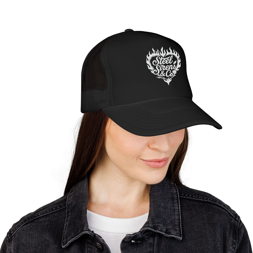 Flaming Heart Trucker Hat — "Steel Sirens & Co" Retro Logo Foam Cap
