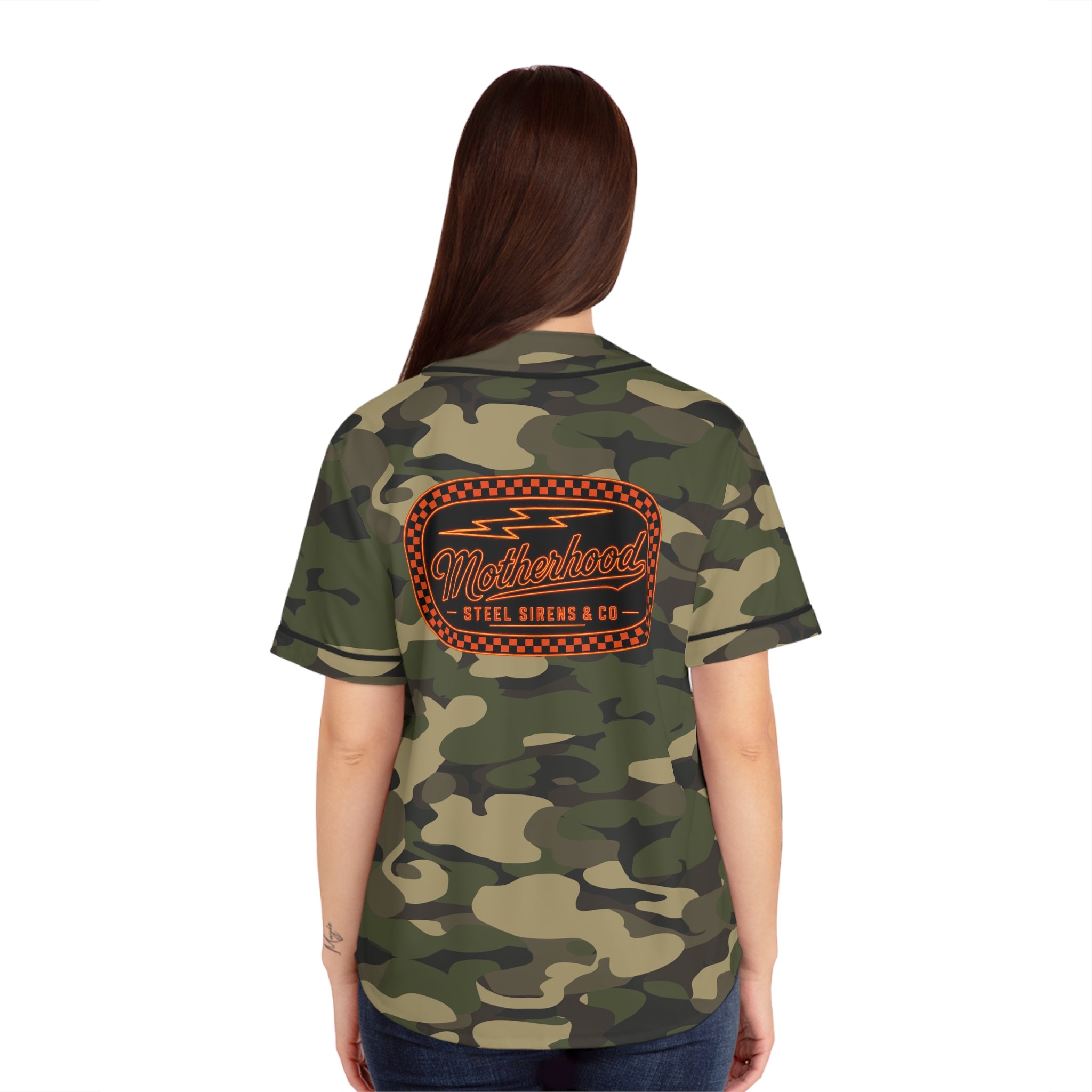 Camo Women's Baseball Jersey — 'Motherhood' Retro Patch Baseball Tee