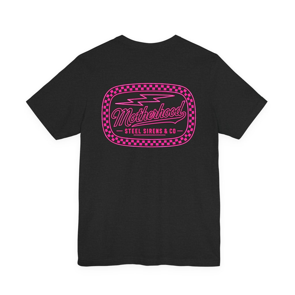 Motherhood Graphic Tee — 'Motherhood' Pink Checkerboard Logo T‑Shirt