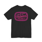 Motherhood Graphic Tee — 'Motherhood' Pink Checkerboard Logo T‑Shirt