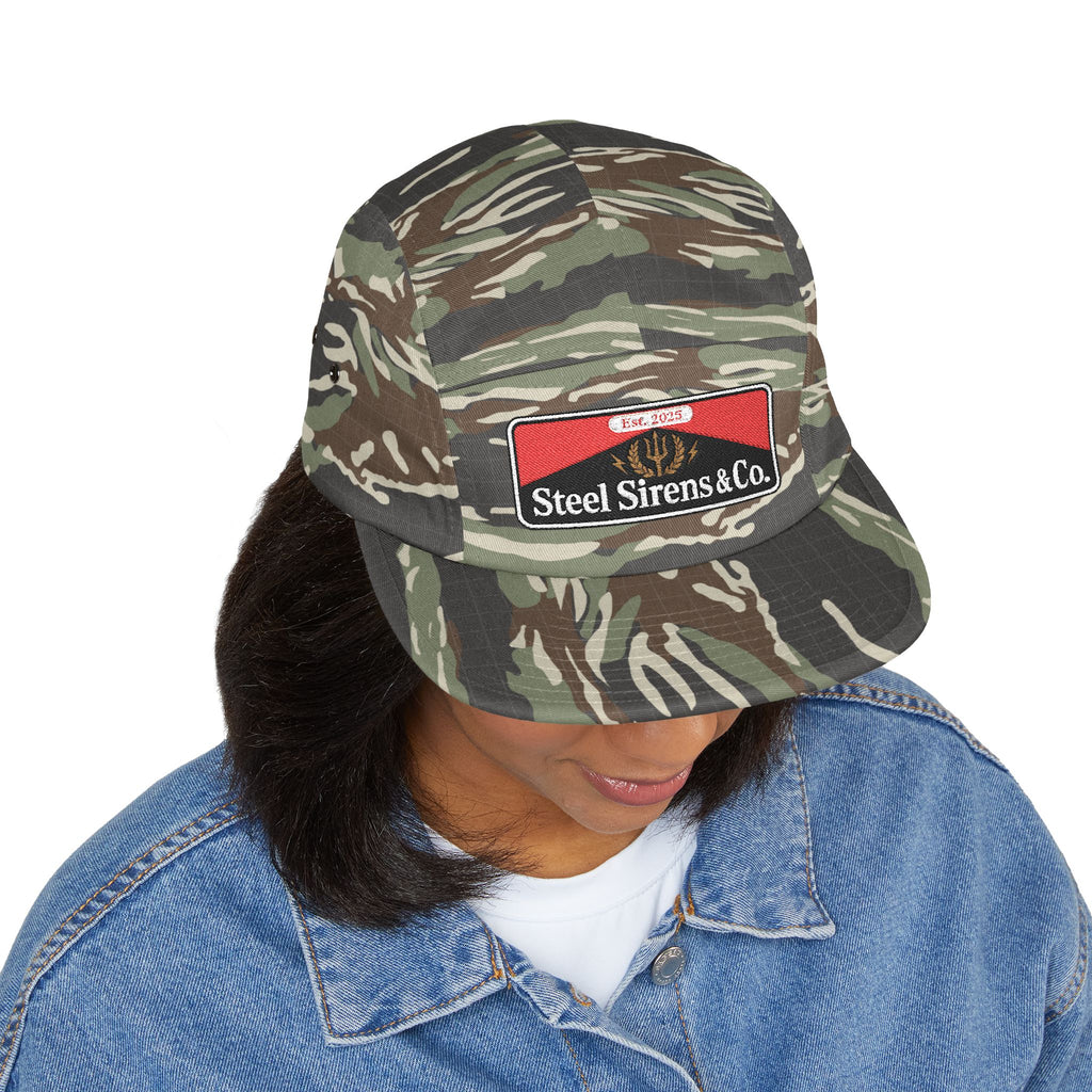 Steel Sirens & Co. Embroidered 5-Panel Cap — Khaki Vintage Patch Hat