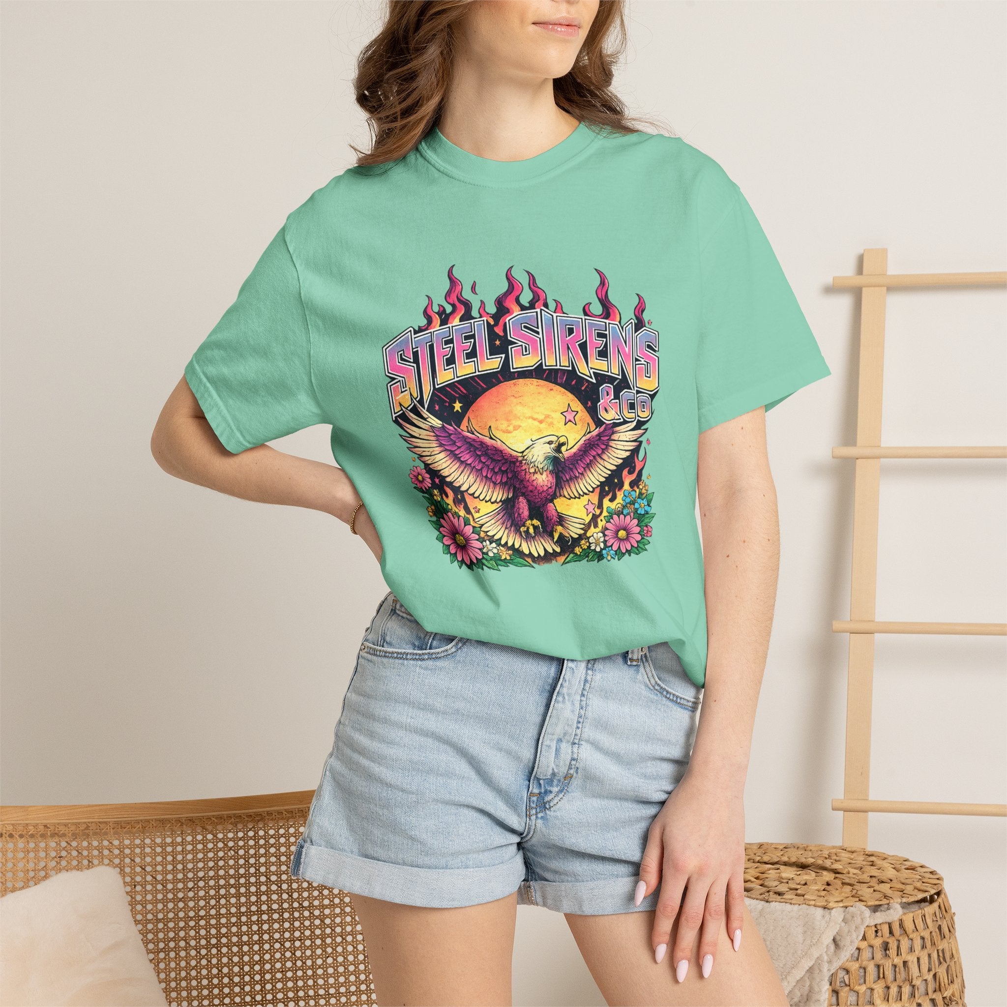 Steel Sirens Graphic T-Shirt — Retro Eagle Sunset Band Tee