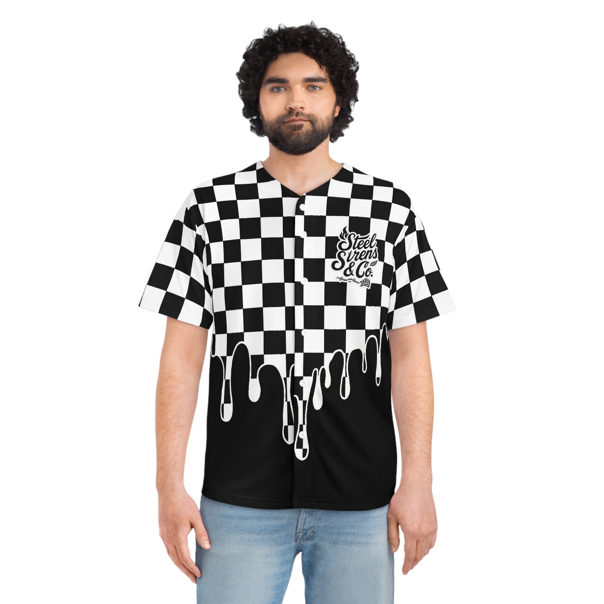 Men's Graphic Baseball Jersey, Trendy Sportswear, Summer Outing, Festivals, Men's Fashion, Unique Style, Checkered Design