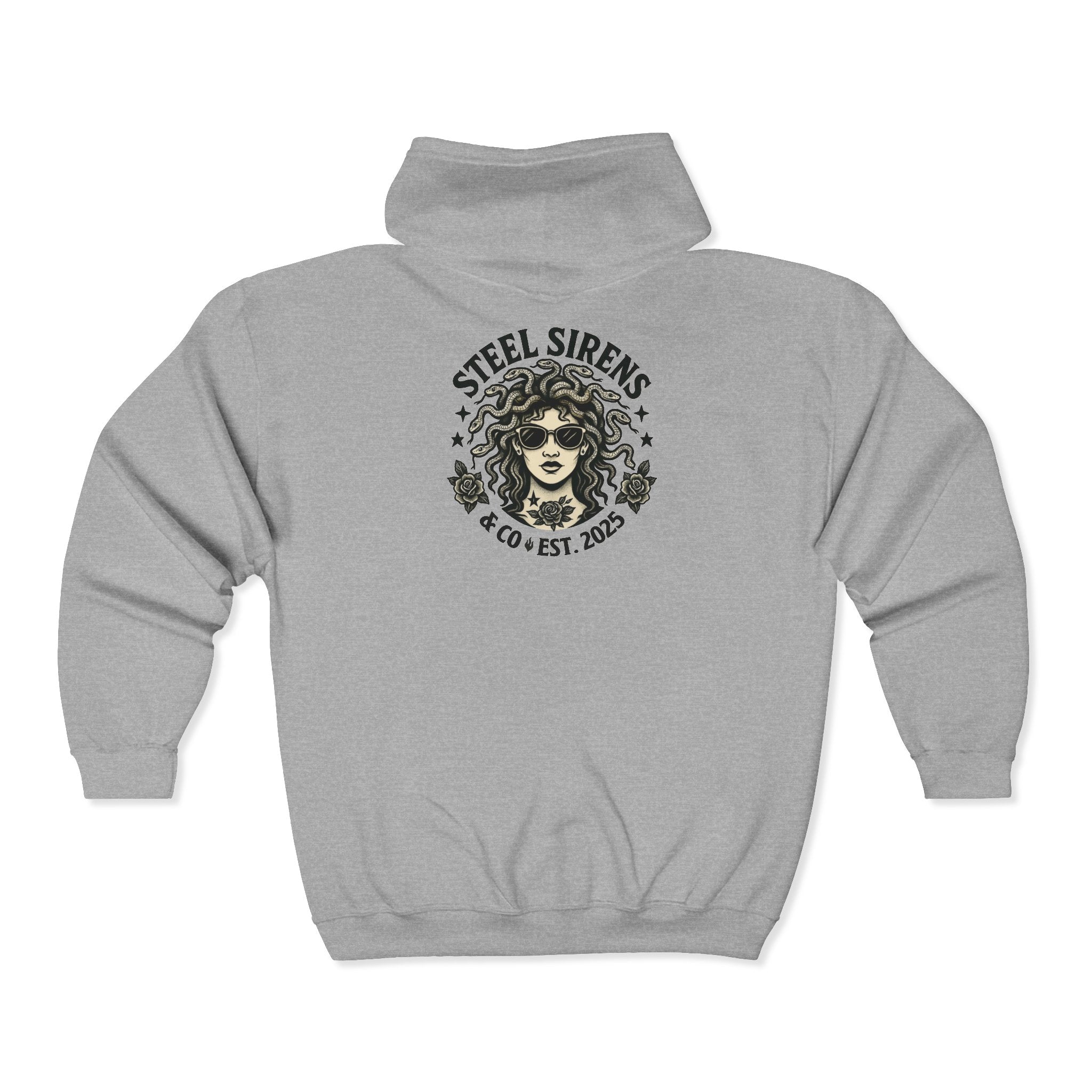 Steel Sirens Co. Zip Hoodie — Vintage Nautical Siren Graphic Full-Zip Sweatshirt