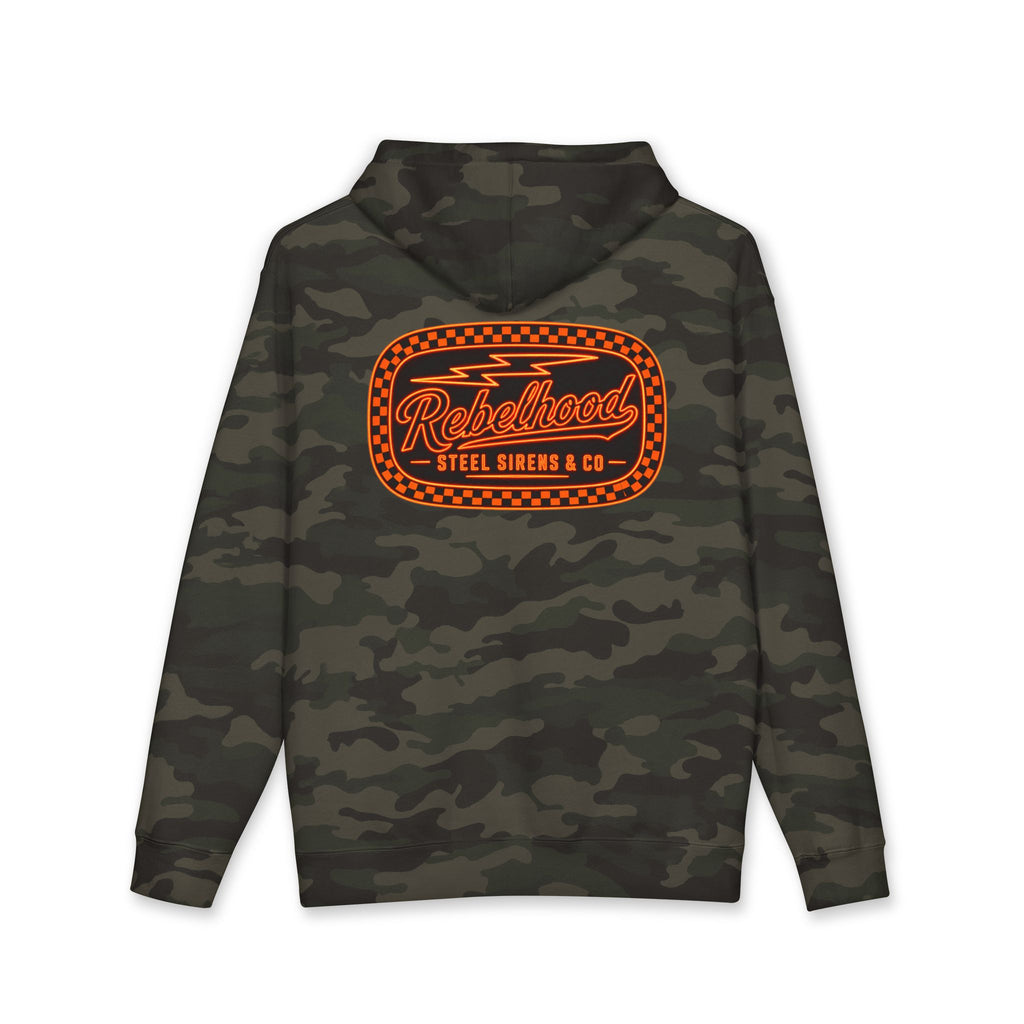 Rebelhood Checker Patch Hoodie — Vintage Orange Logo Pullover