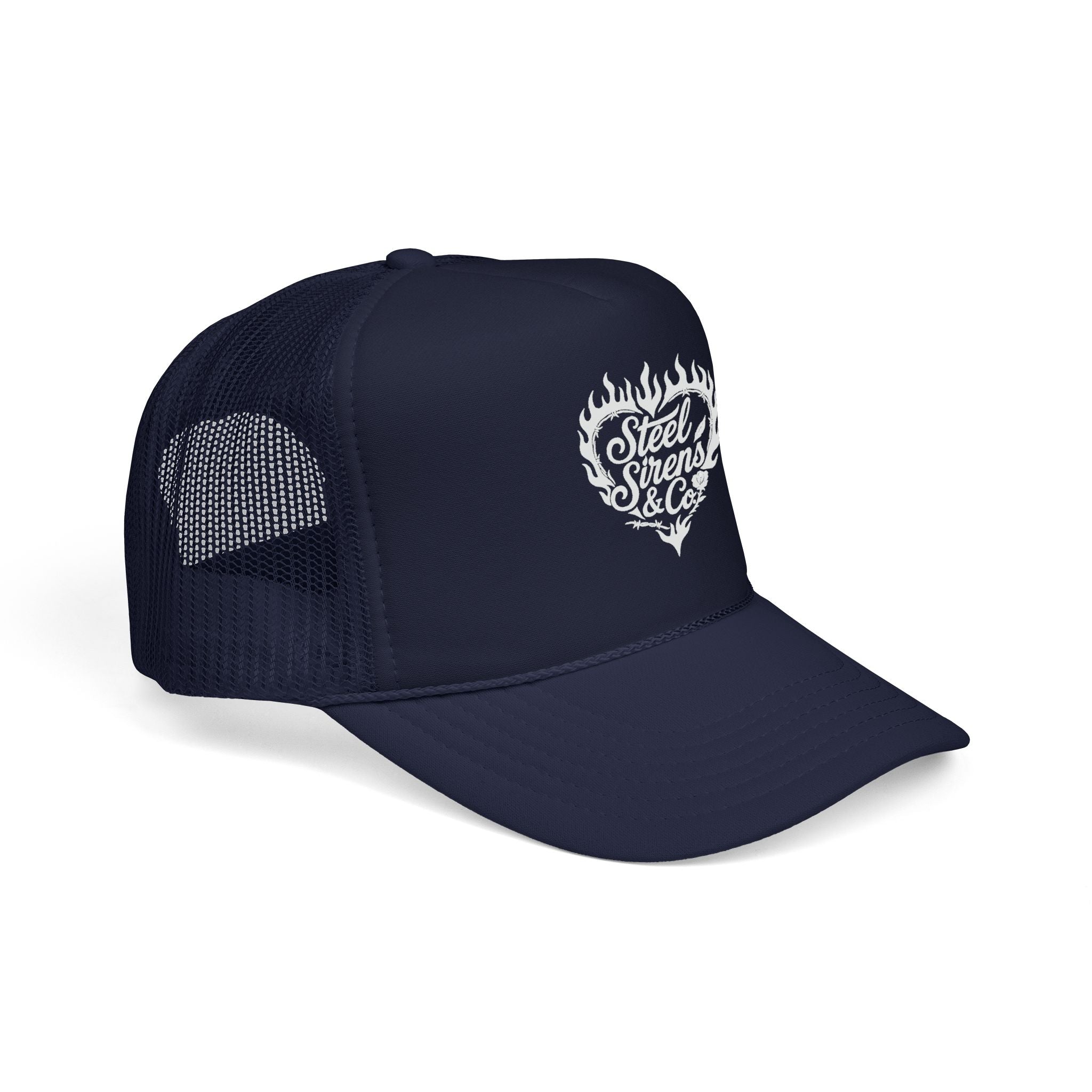 Flaming Heart Trucker Hat — "Steel Sirens & Co" Retro Logo Foam Cap