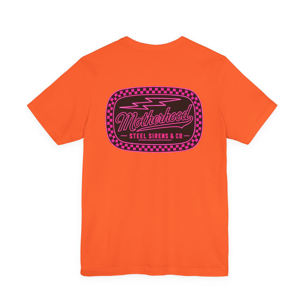 Motherhood Graphic Tee — 'Motherhood' Pink Checkerboard Logo T‑Shirt