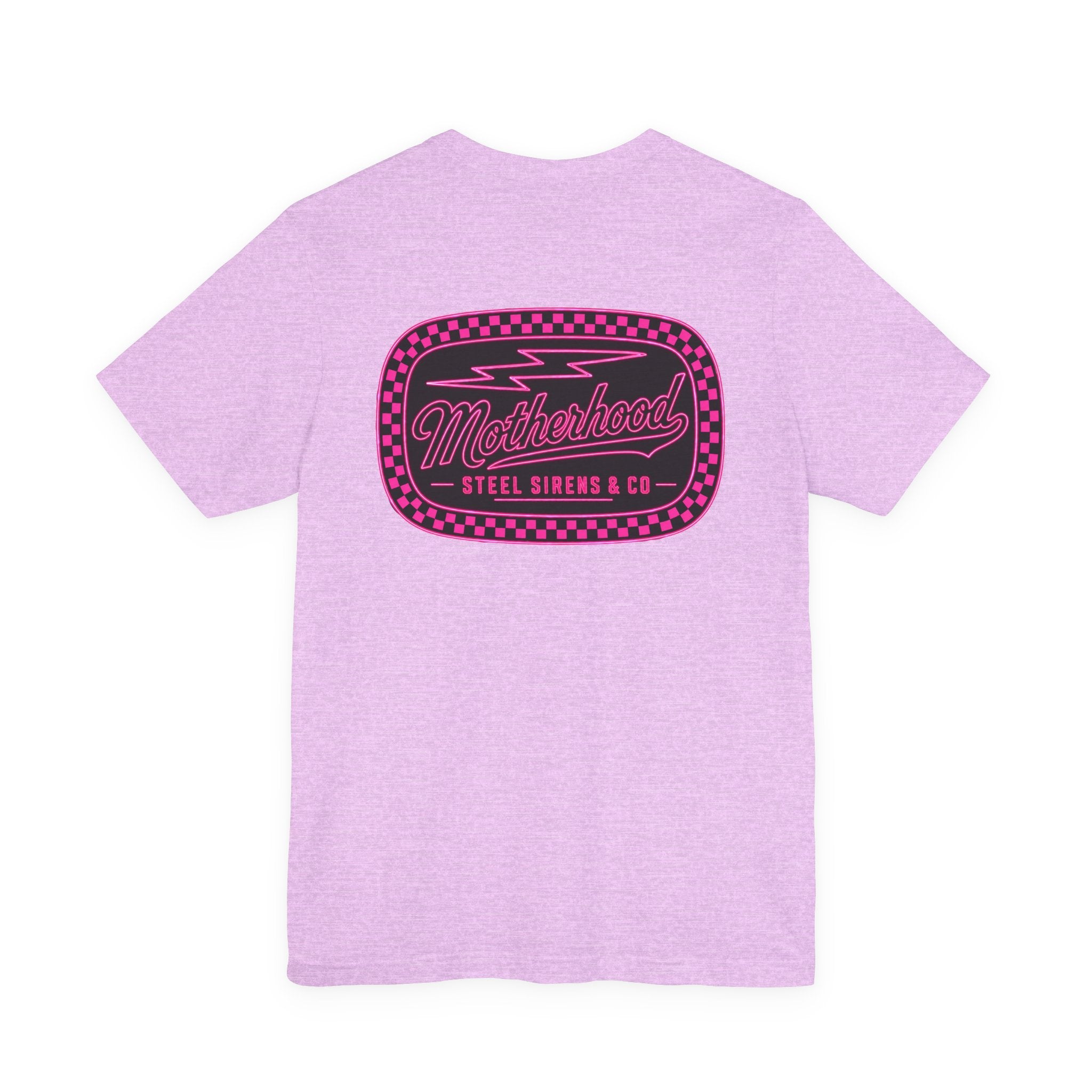 Motherhood Graphic Tee — 'Motherhood' Pink Checkerboard Logo T‑Shirt