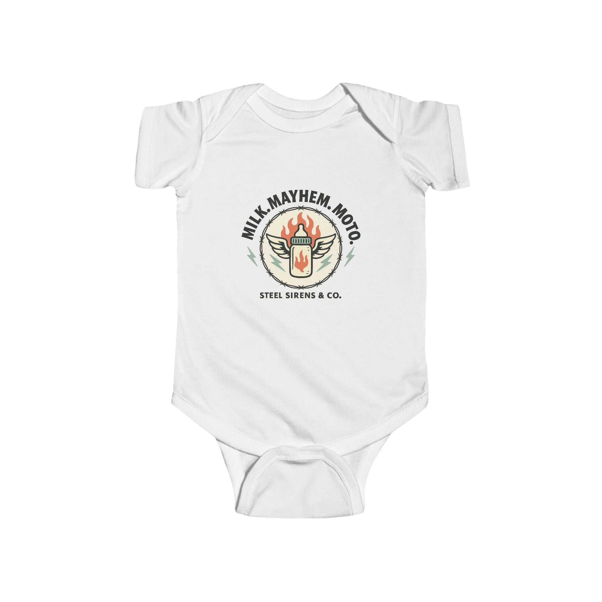 Milk. Mayhem. Moto Onesie