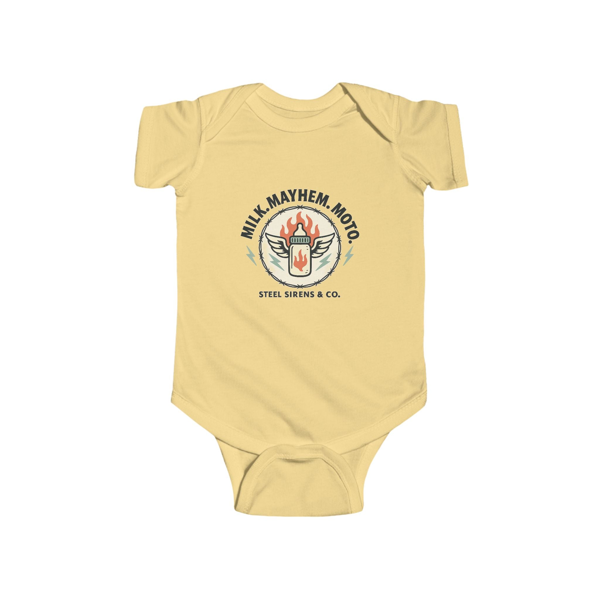 Milk. Mayhem. Moto Onesie