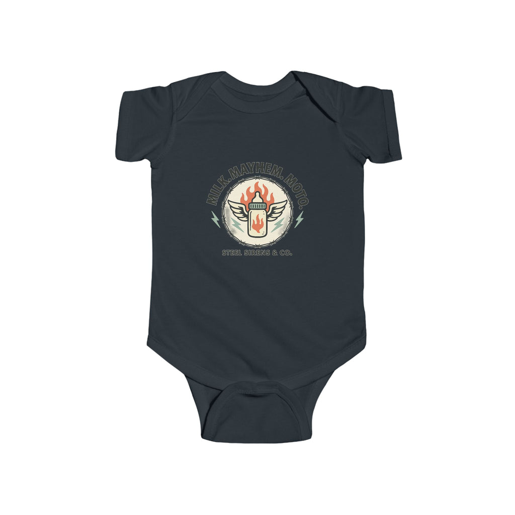 Milk. Mayhem. Moto Onesie