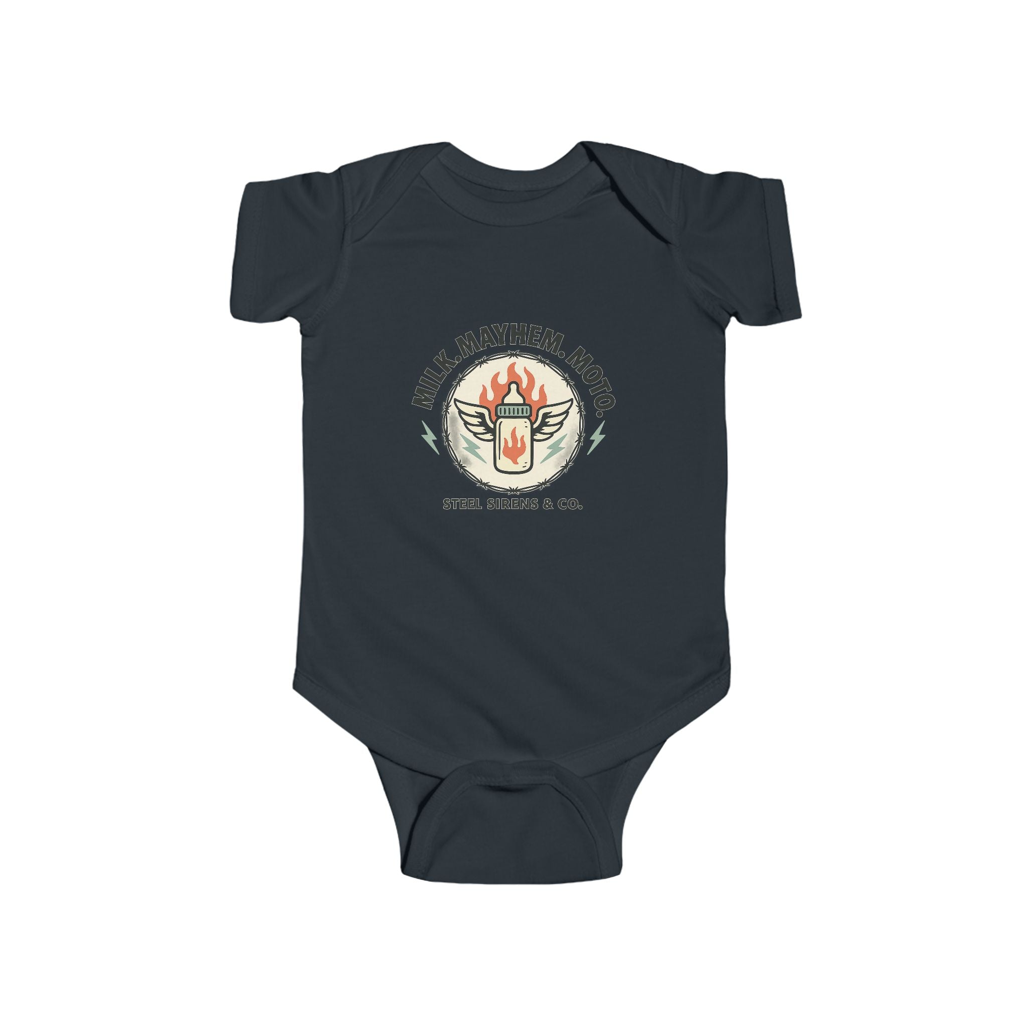 Milk. Mayhem. Moto Onesie