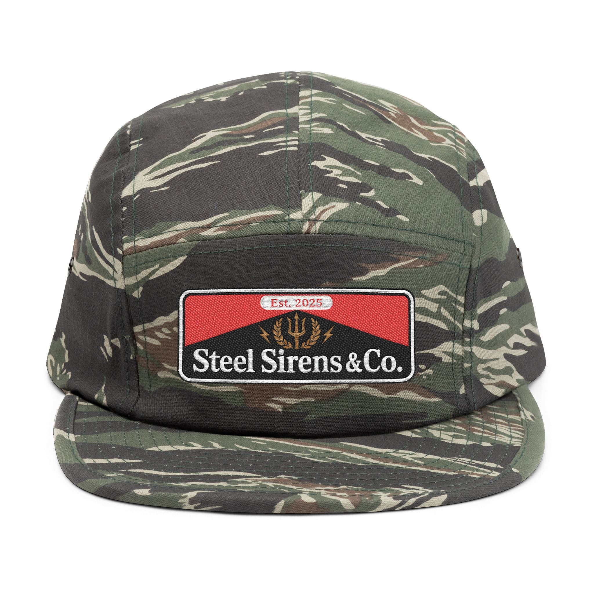 Steel Sirens & Co. Embroidered 5-Panel Cap — Khaki Vintage Patch Hat