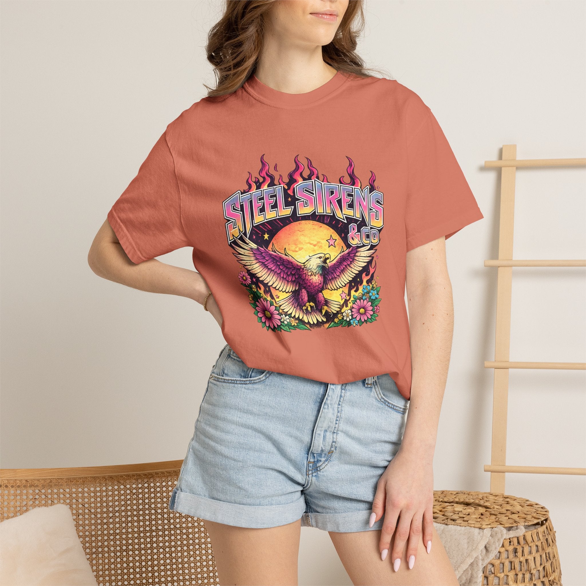 Steel Sirens Graphic T-Shirt — Retro Eagle Sunset Band Tee