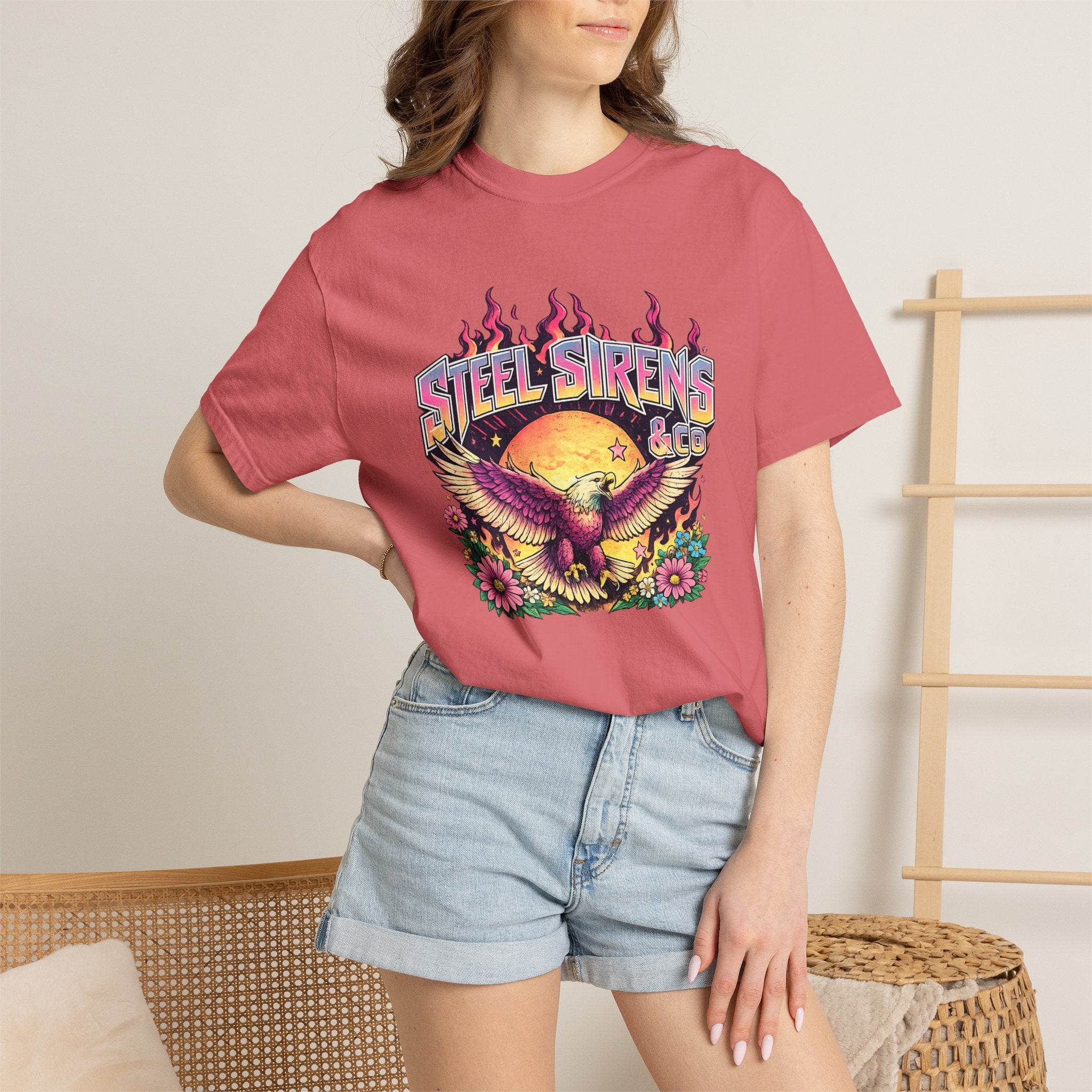 Steel Sirens Graphic T-Shirt — Retro Eagle Sunset Band Tee