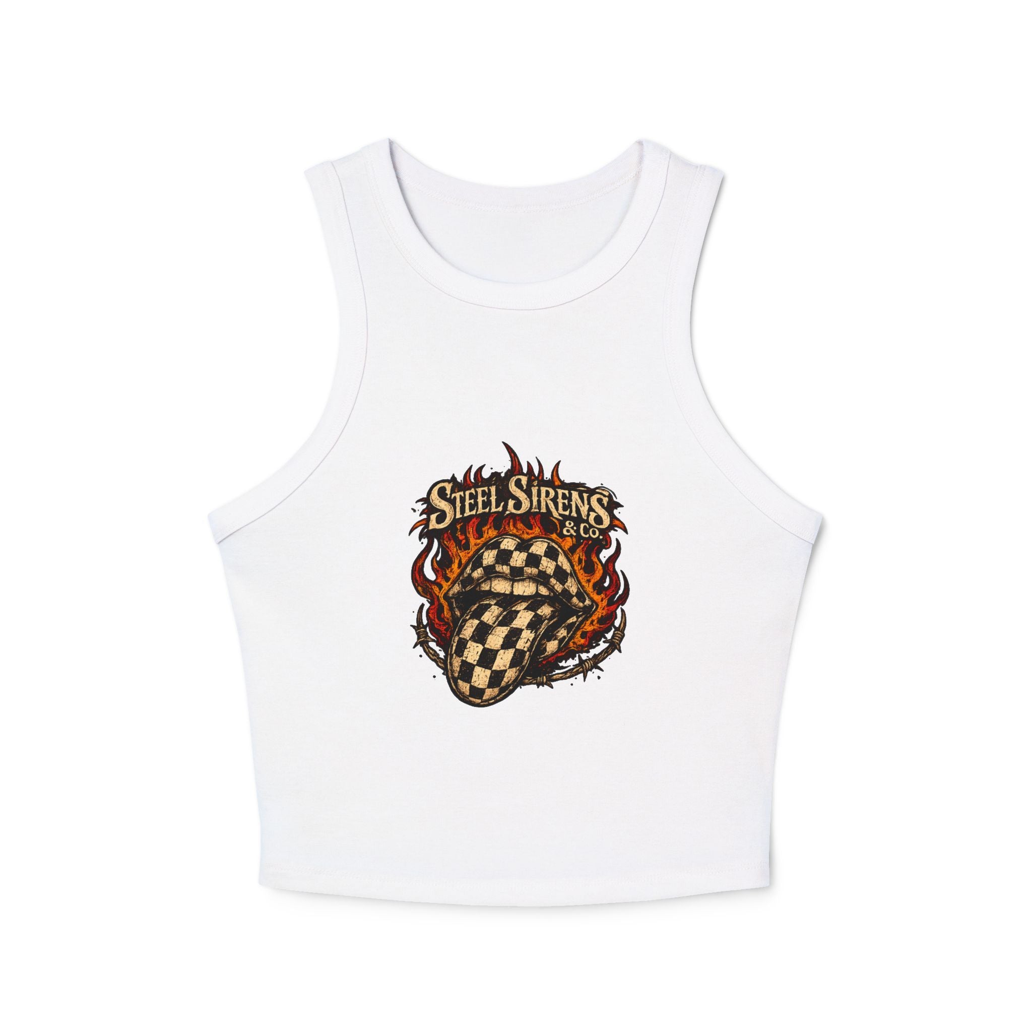 Women's Racer Tank Top — 'Steel Sirens' Flaming Checkered Heart Graphic