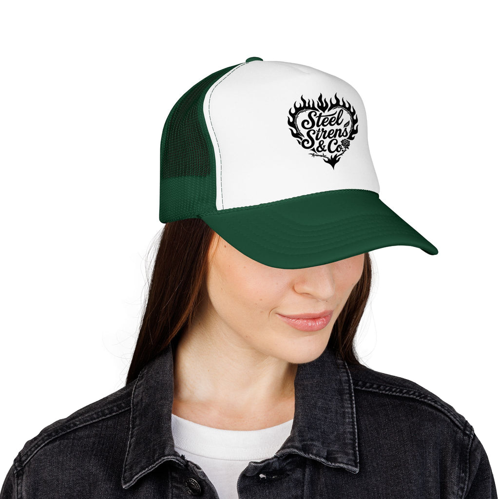 Flaming Heart Trucker Hat — "Steel Sirens & Co" Retro Logo Foam Cap