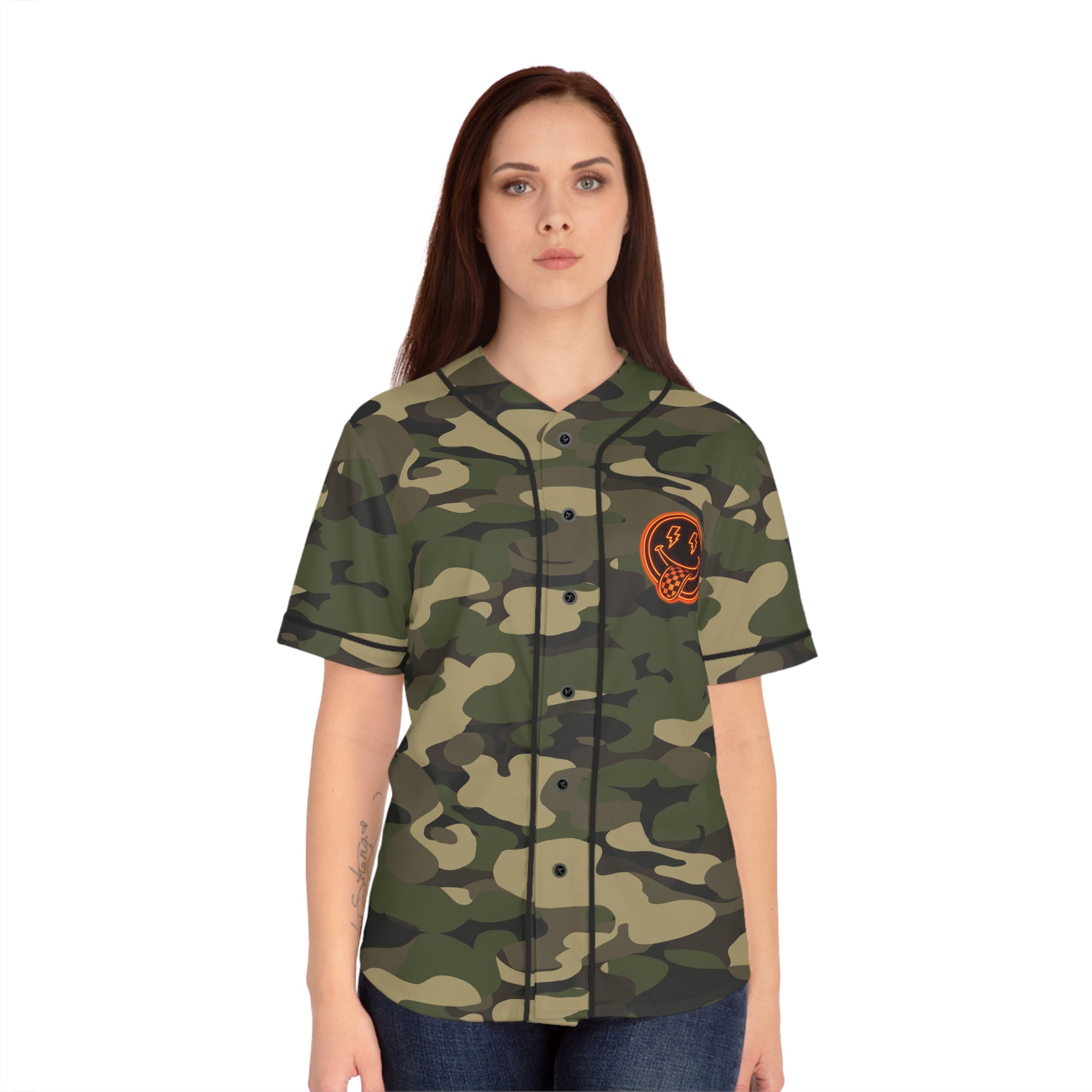 Camo Women's Baseball Jersey — 'Motherhood' Retro Patch Baseball Tee
