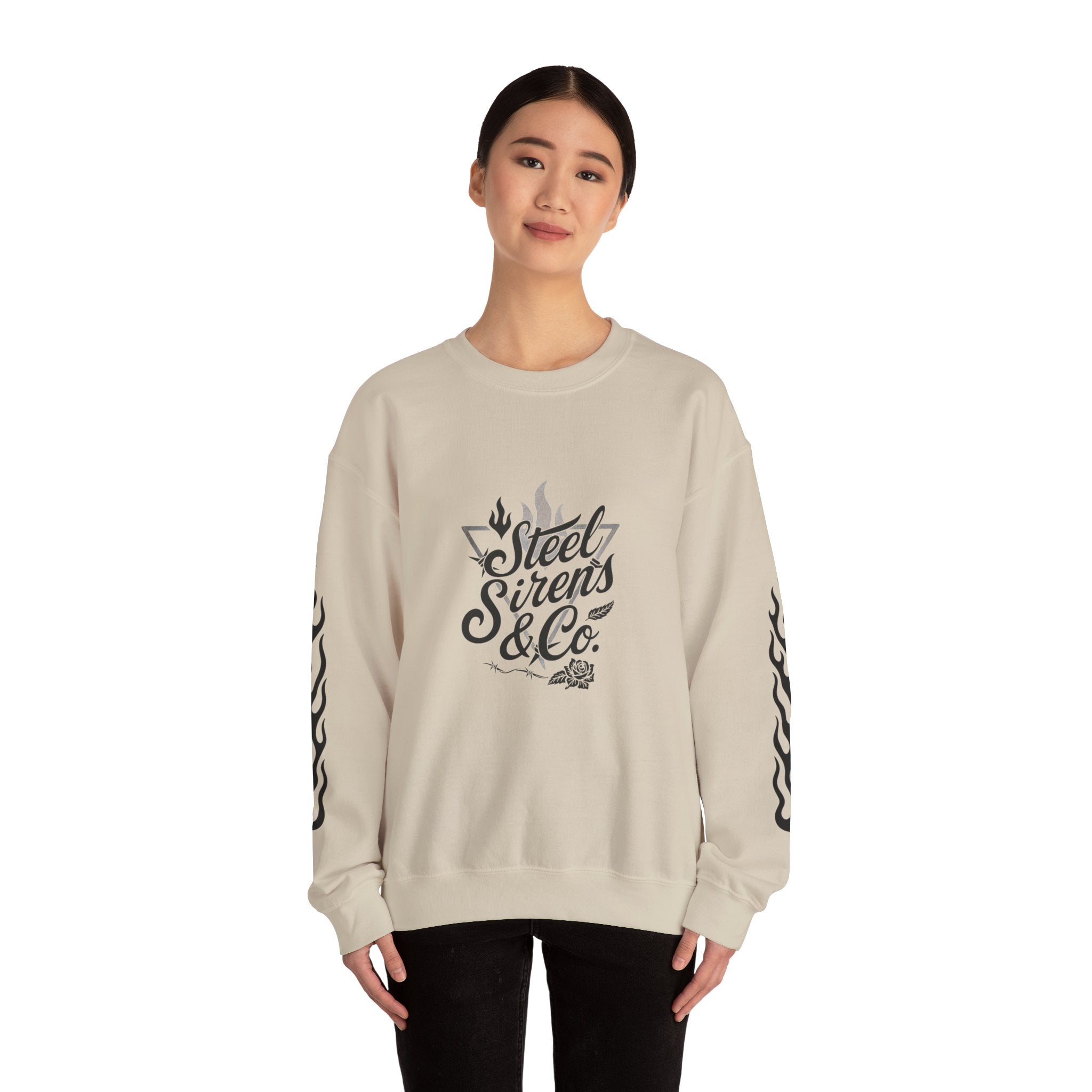 Crewneck Sweatshirt — "Steel Sirens & Co." Built to Rise Graphic