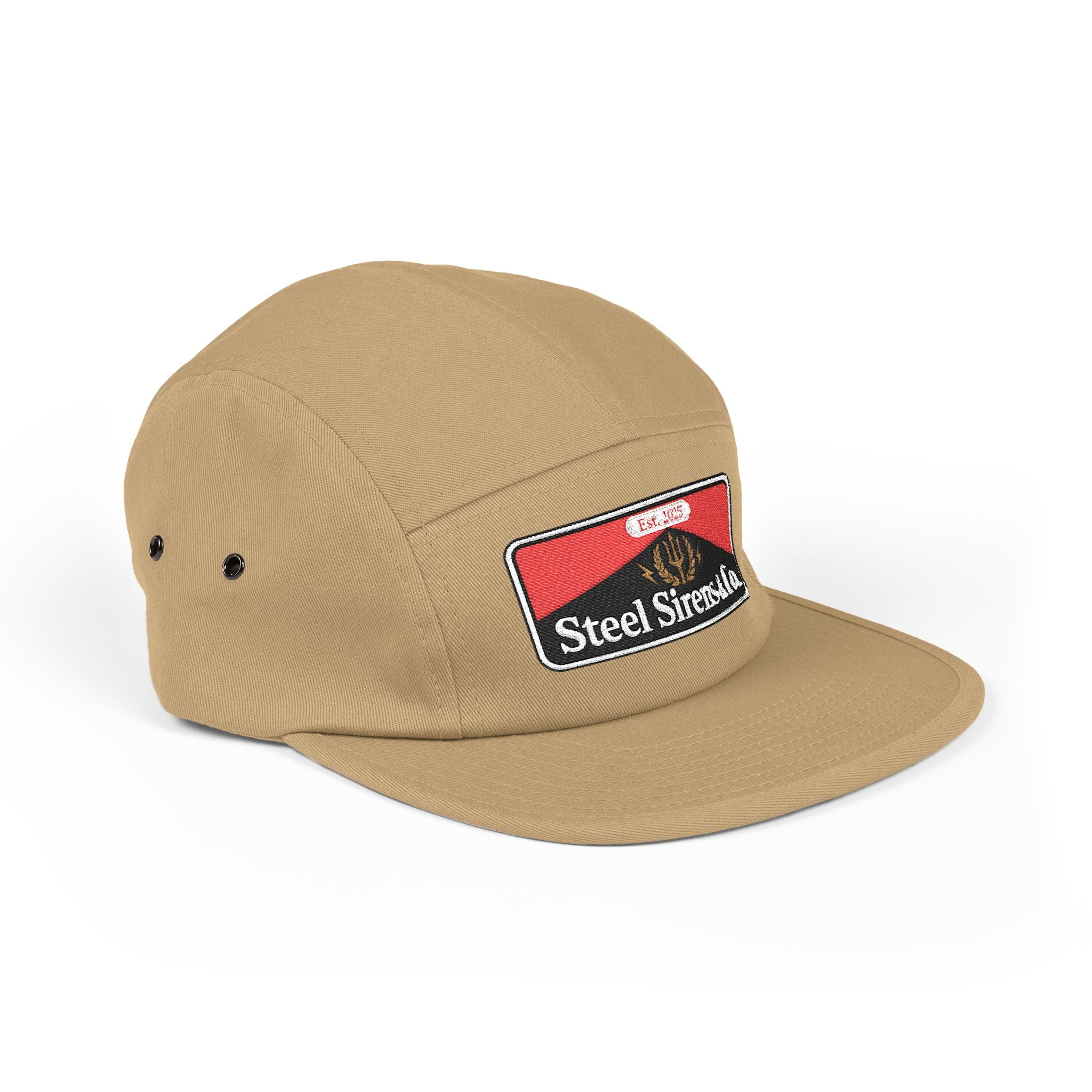 Steel Sirens & Co. Embroidered 5-Panel Cap — Khaki Vintage Patch Hat