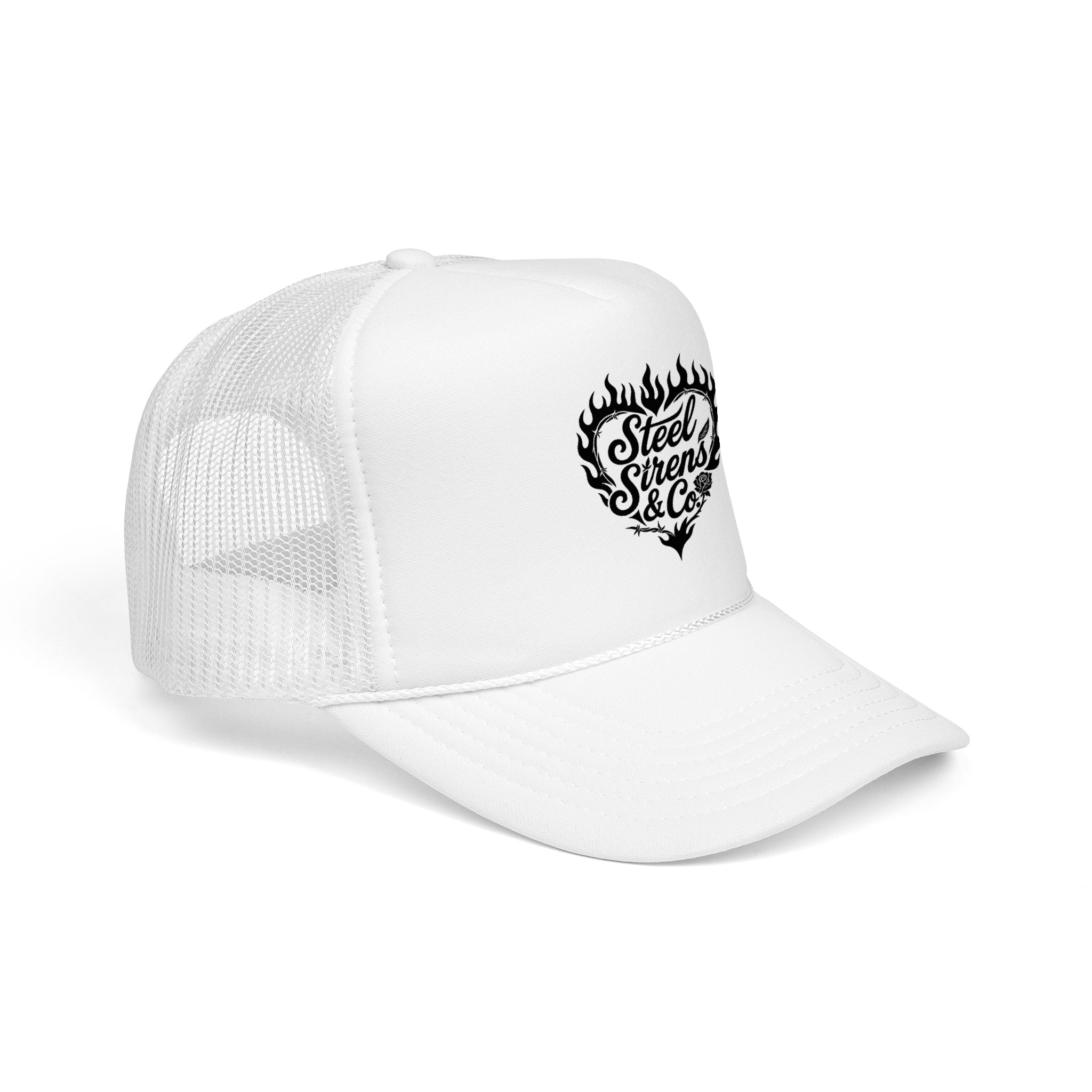 Flaming Heart Trucker Hat — "Steel Sirens & Co" Retro Logo Foam Cap