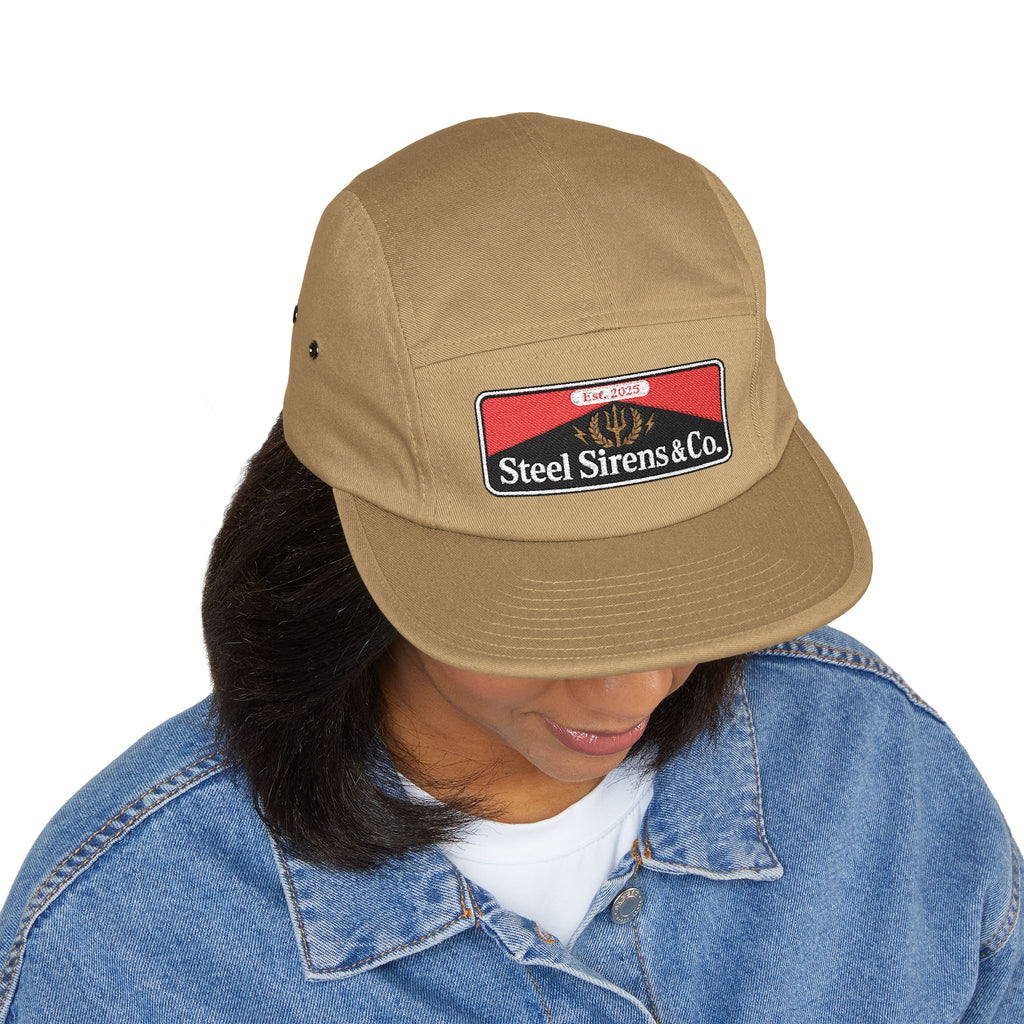 Steel Sirens & Co. Embroidered 5-Panel Cap — Khaki Vintage Patch Hat