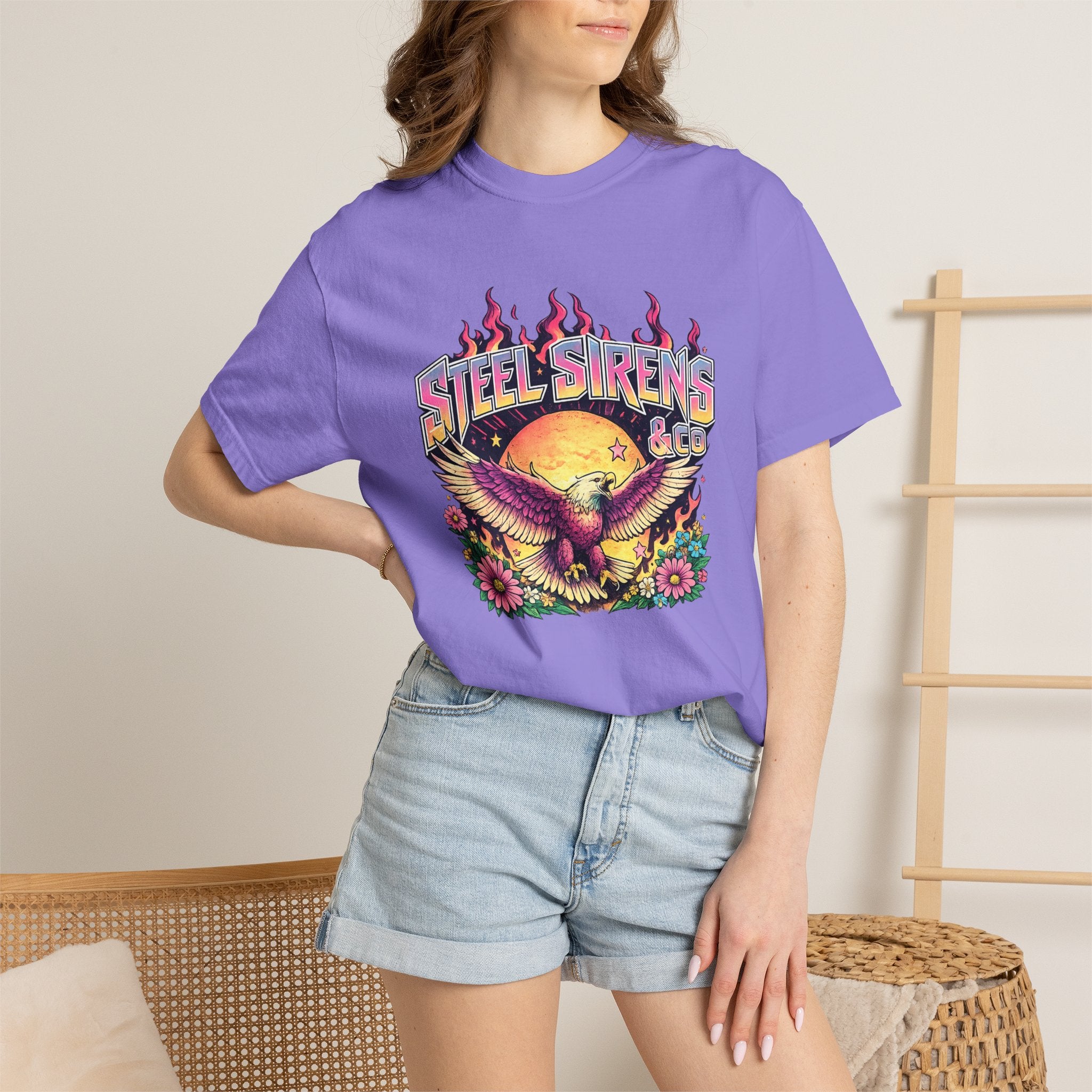 Steel Sirens Graphic T-Shirt — Retro Eagle Sunset Band Tee
